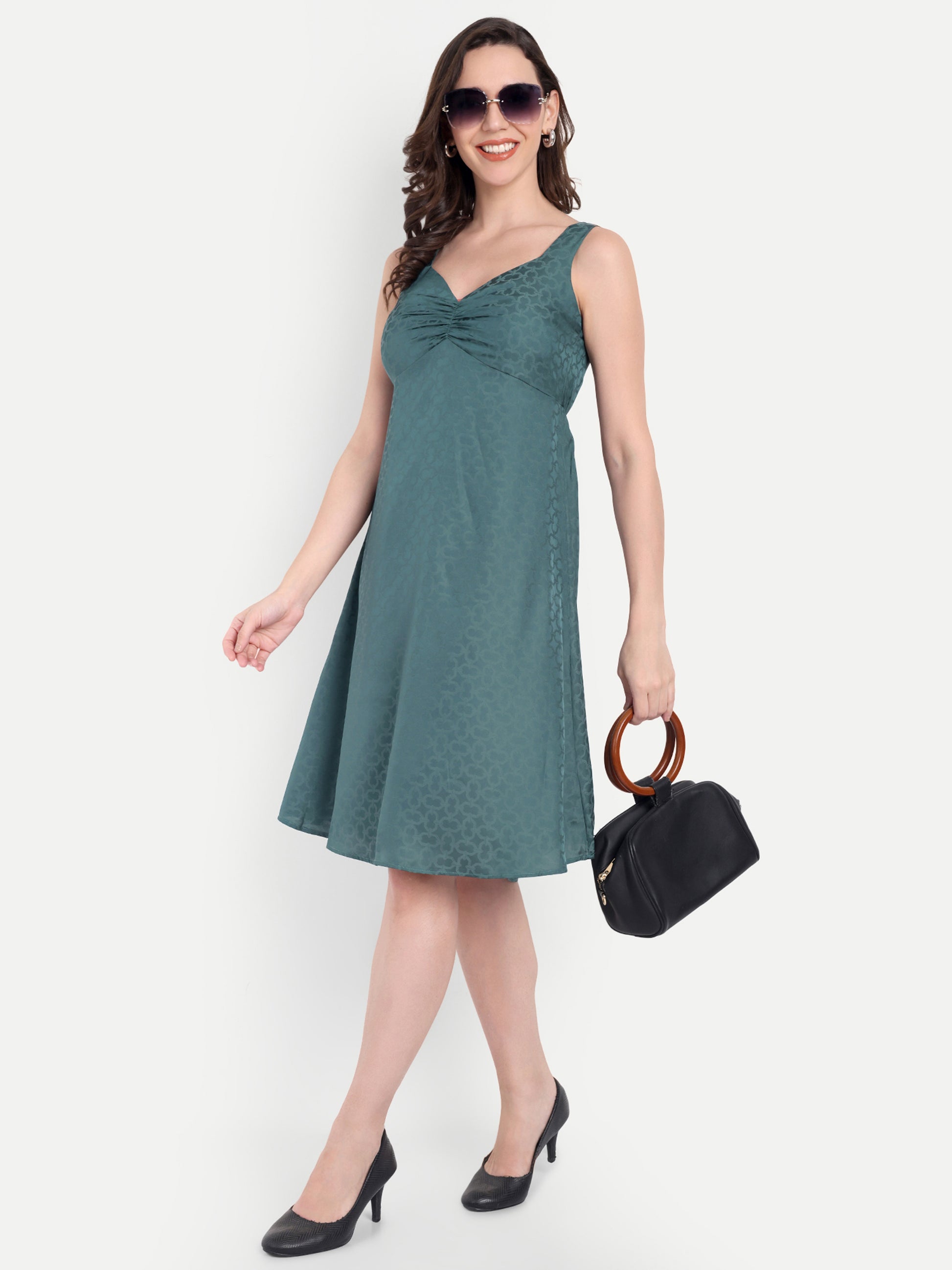 Women's Teal Sleeveless A-Line Mini Dress | Elegant Textured Party Wear