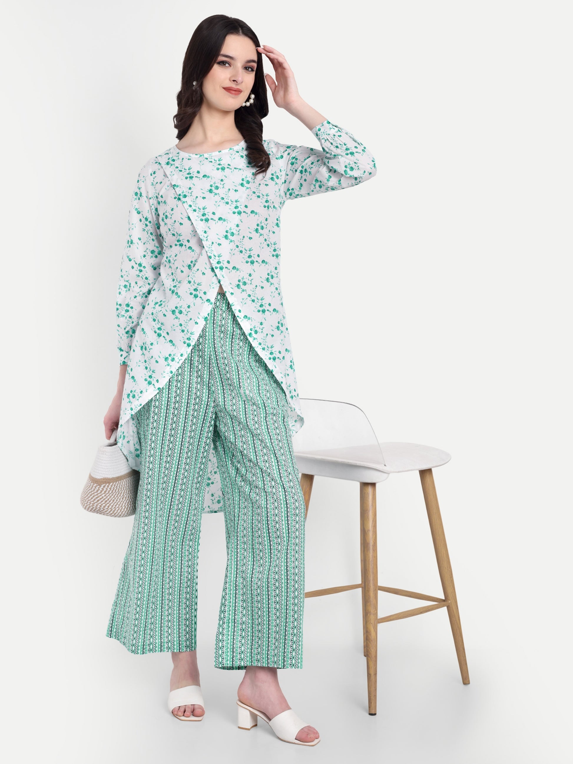 Women's Green White Printed Ethnic Co-ord Set | Asymmetrical Long Kurta with Wide-Leg Pants