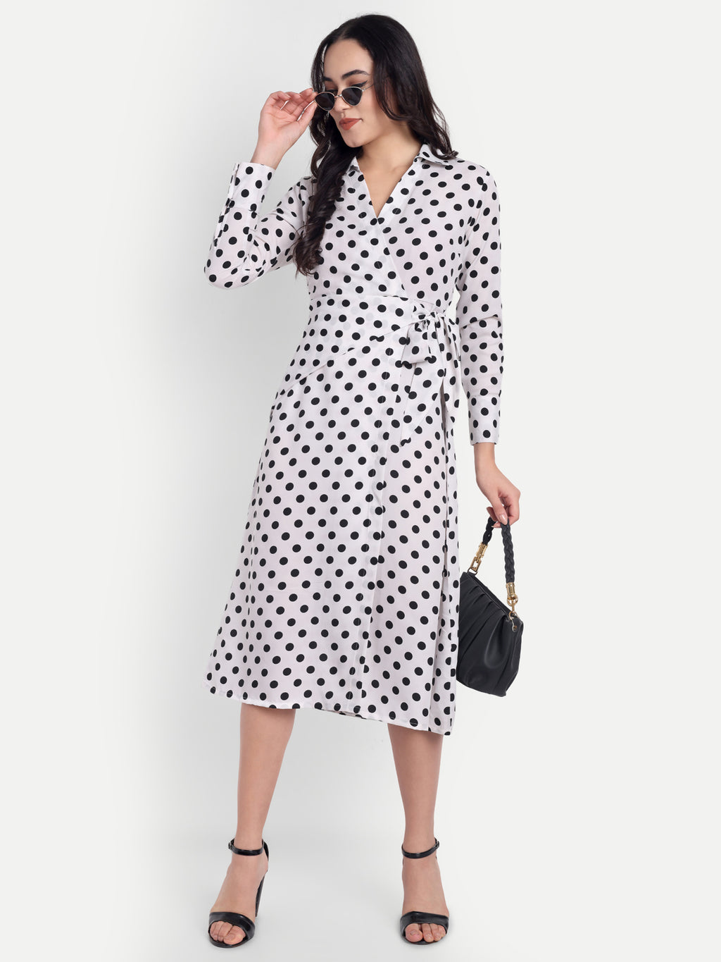 Women's  white and black Dress | Long Sleeve | Belt Tie Waist