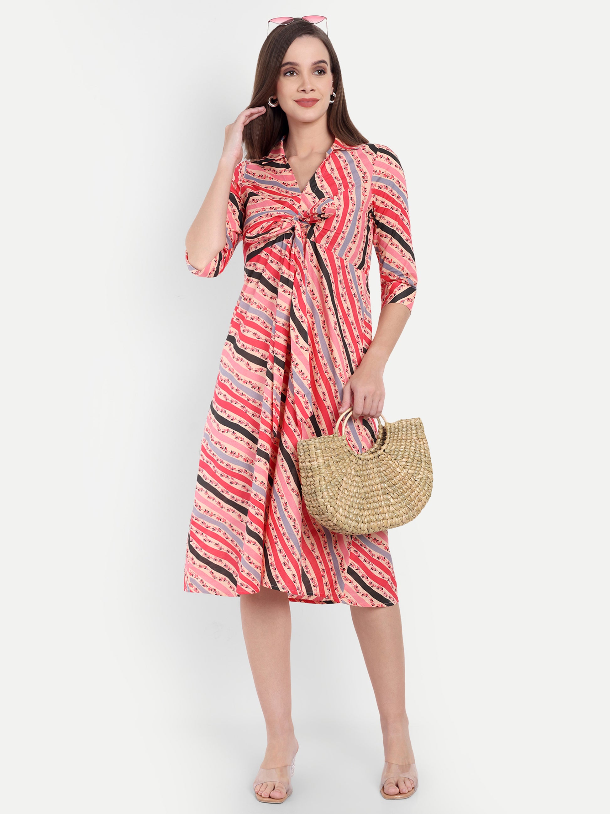Women's Red & Pink Striped Knee-Length Dress | Front Knot Detail | Casual & Party Wear