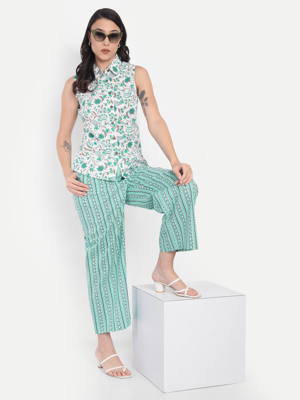 Women's White & Green Floral Sleeveless Shirt with Pink Printed Wide-Leg Pants | Comfortable Summer Co-ord Set
