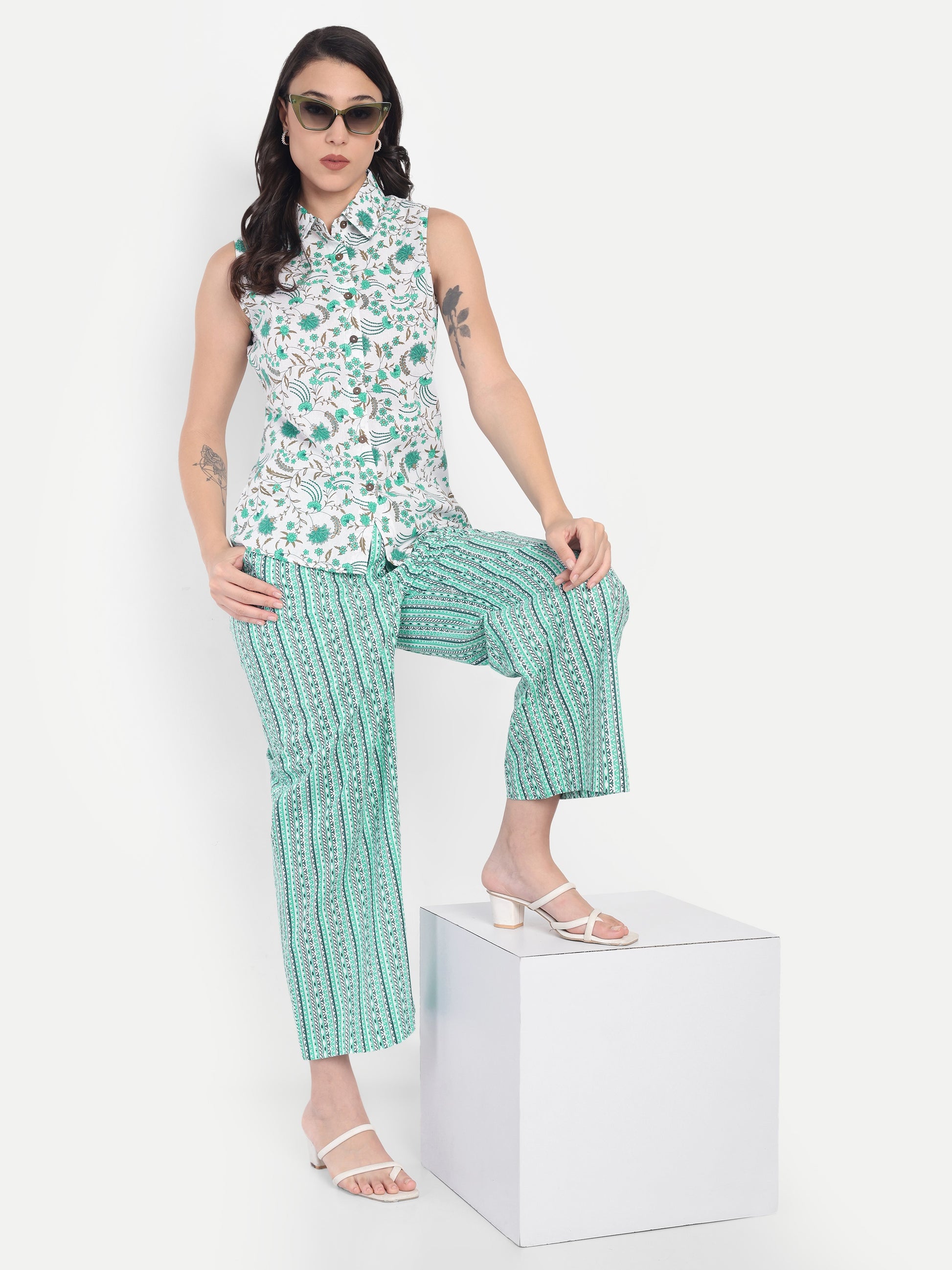 Women's White & Green Floral Sleeveless Shirt with Pink Printed Wide-Leg Pants | Comfortable Summer Co-ord Set