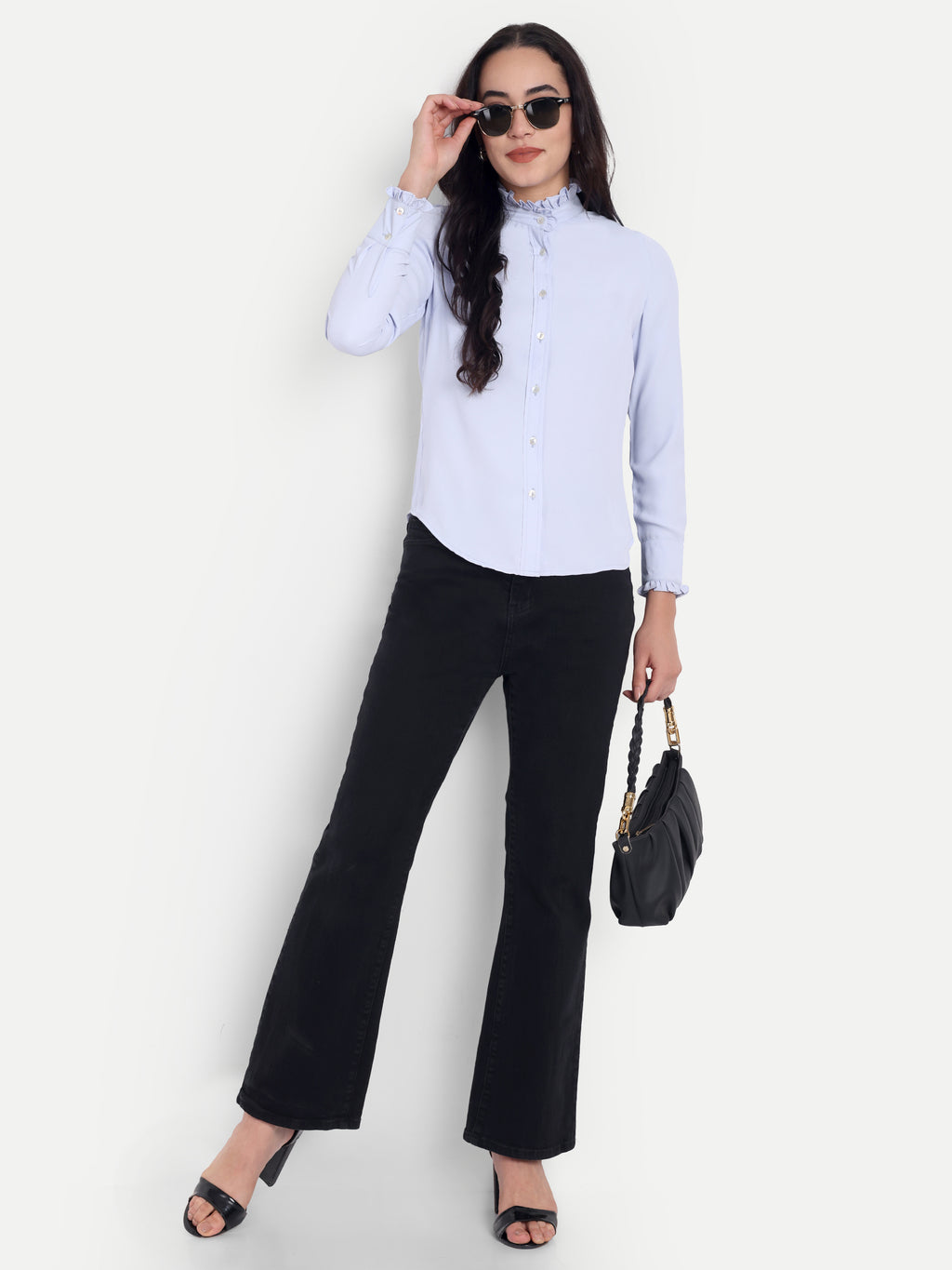 Women's Light Blue Ruffle Collar Shirt | Elegant Formal & Casual Top with Long Sleeves