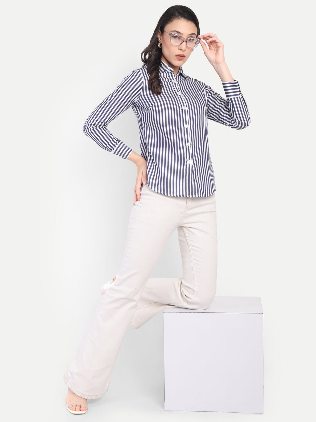 Women's Navy Blue & White Vertical Striped Shirt – Long Sleeve | Button-Down | Formal & Casual Wear