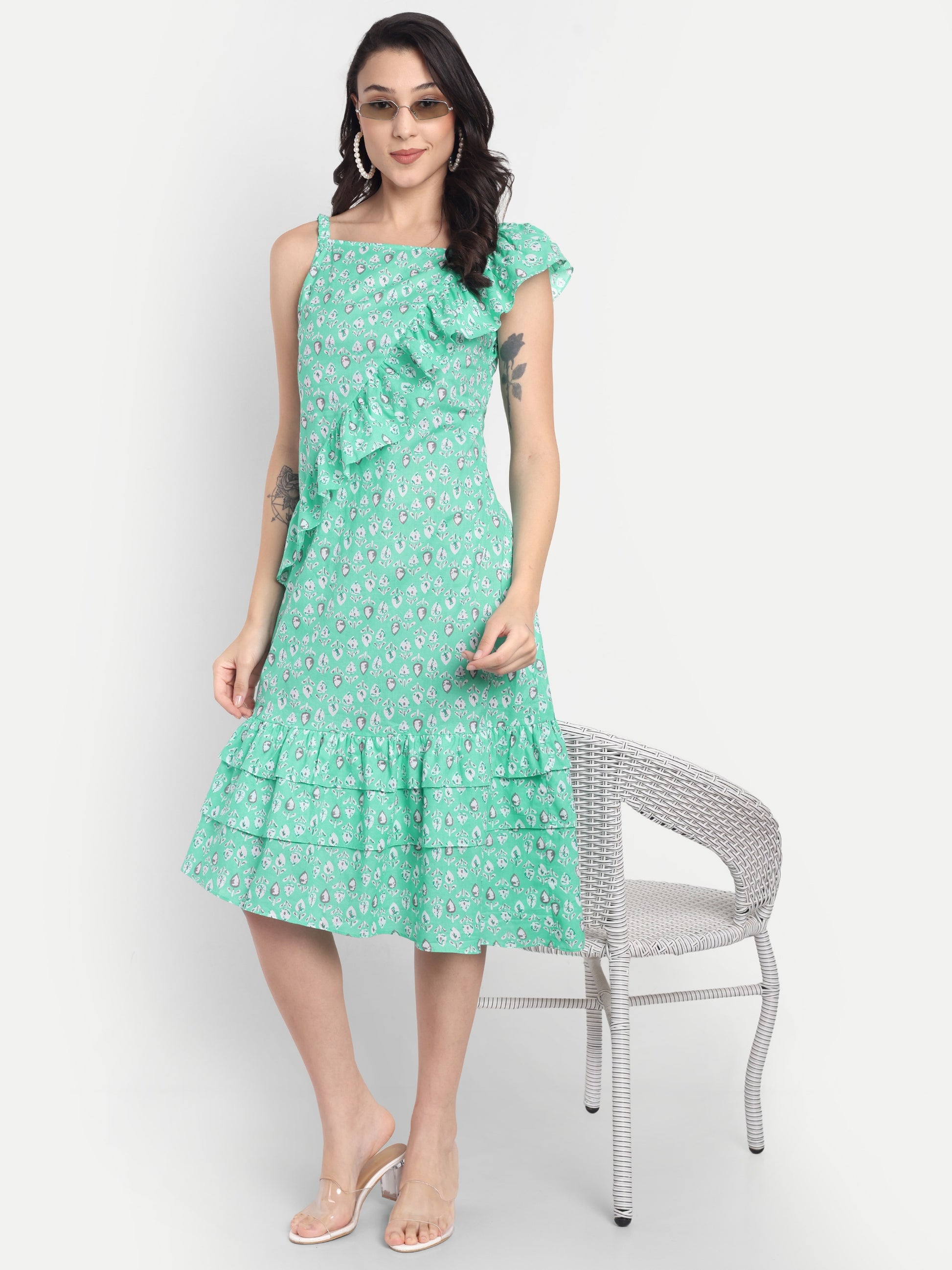 Women's Green Printed One-Shoulder Ruffle Dress | Sleeveless | Stylish Summer & Party Wear