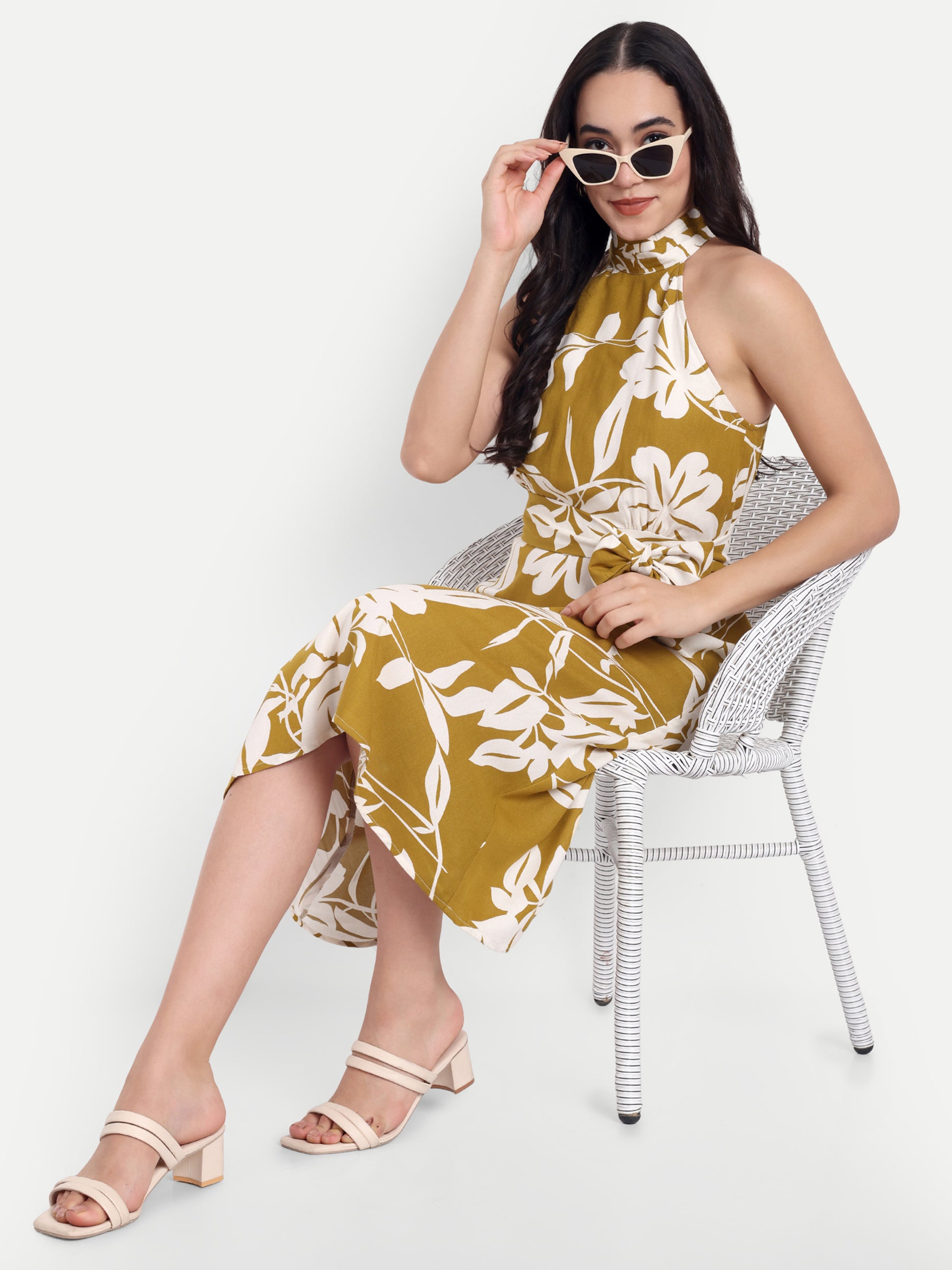 Women's Mustard Yellow & White Floral Halter Neck Midi Dress | Belted Waist | Resort & Summer Wear