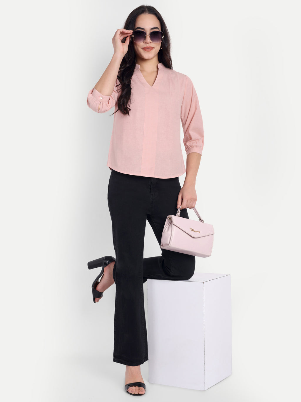 Women's Baby Pink V-Neck 3/4 Sleeve Top | Lightweight Cotton Blend | Elegant Everyday Wear