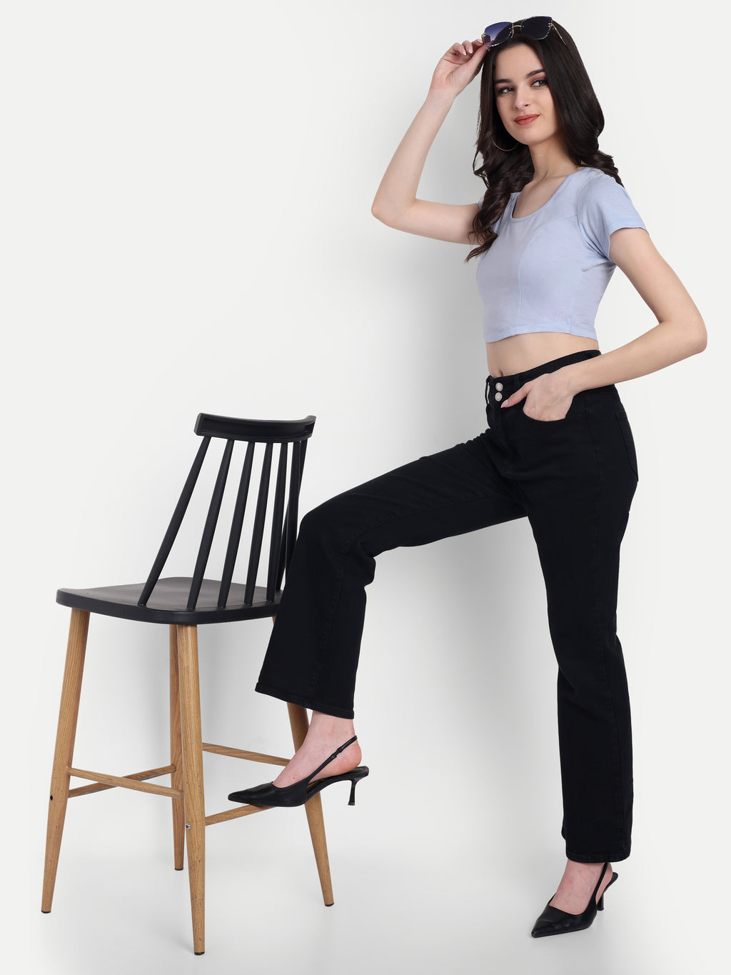 omen's blue Crop Top with Scoop Neck & Short Sleeves