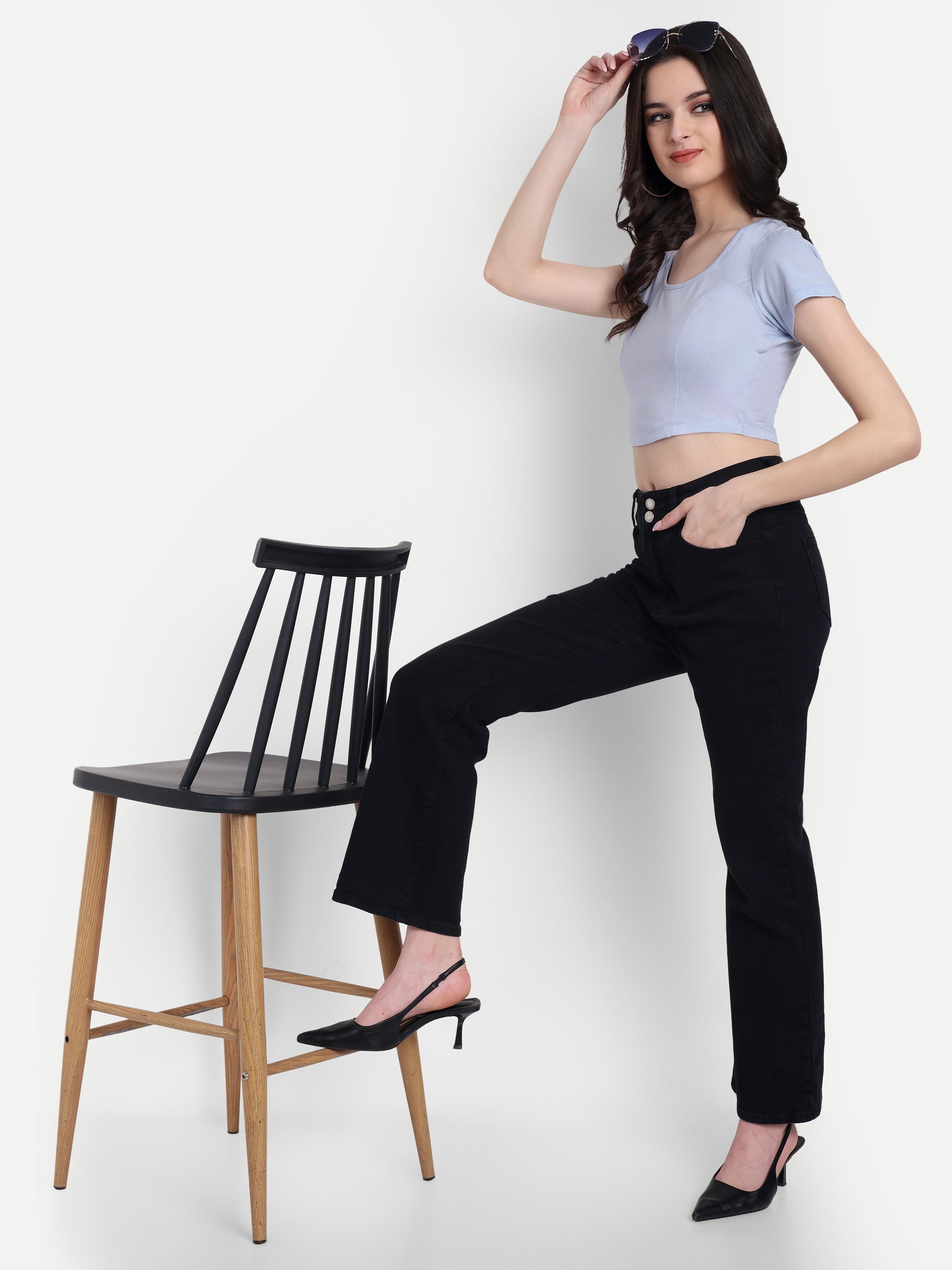 omen's blue Crop Top with Scoop Neck & Short Sleeves