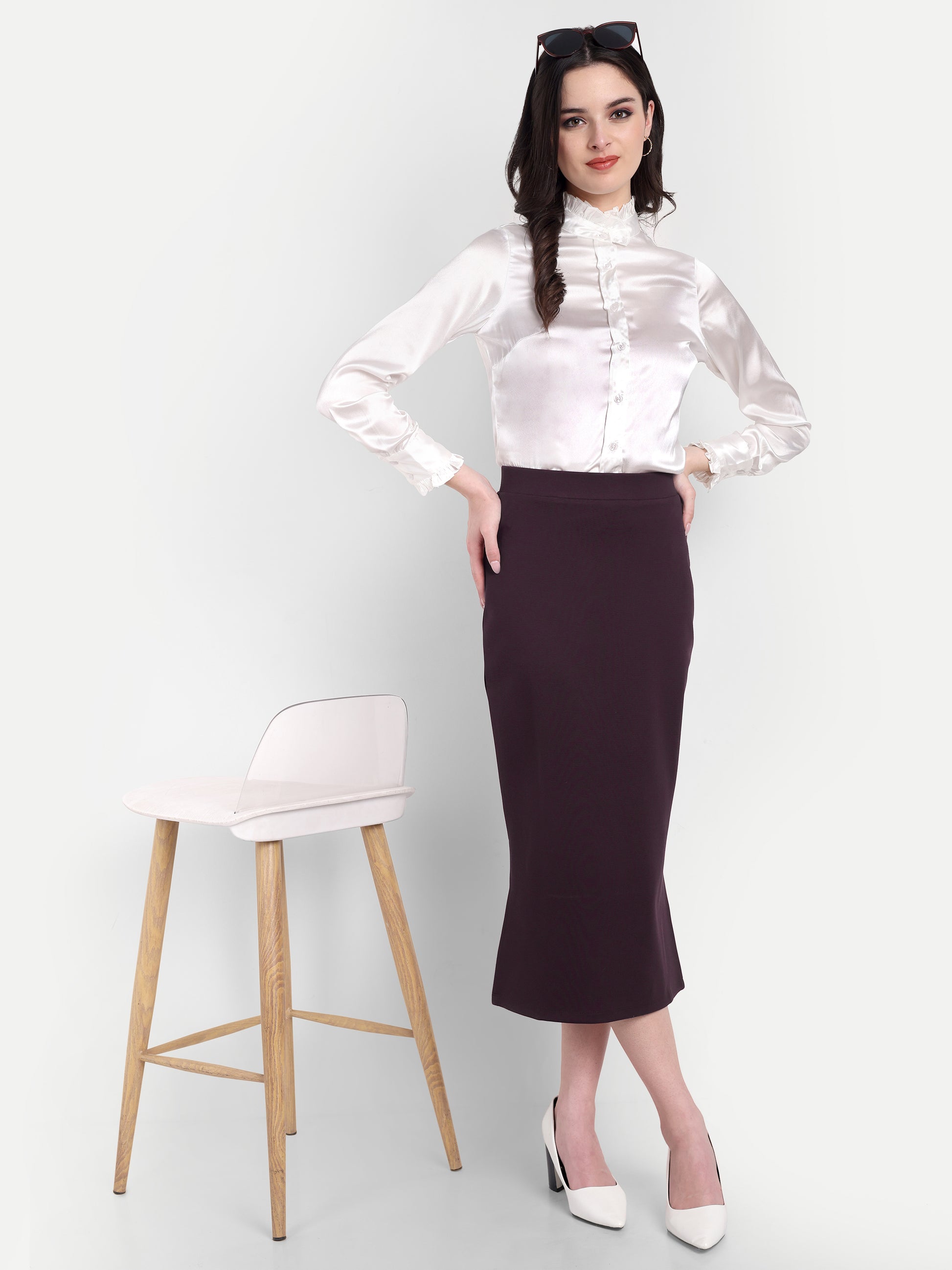 Women's dark Purple Midi Pencil Skirt with Side Slit – High Waist | Elegant Office & Party Wear