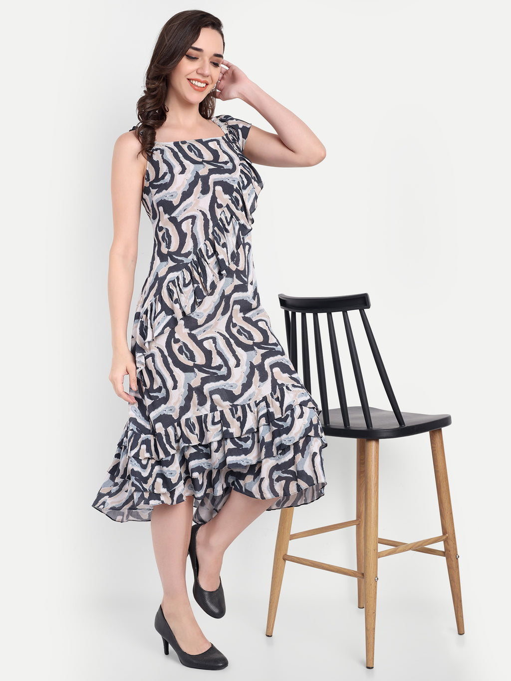 Women's Back And White Printed  Ruffle Dress | Sleeveless | Stylish Summer & Party Wear (Copy)