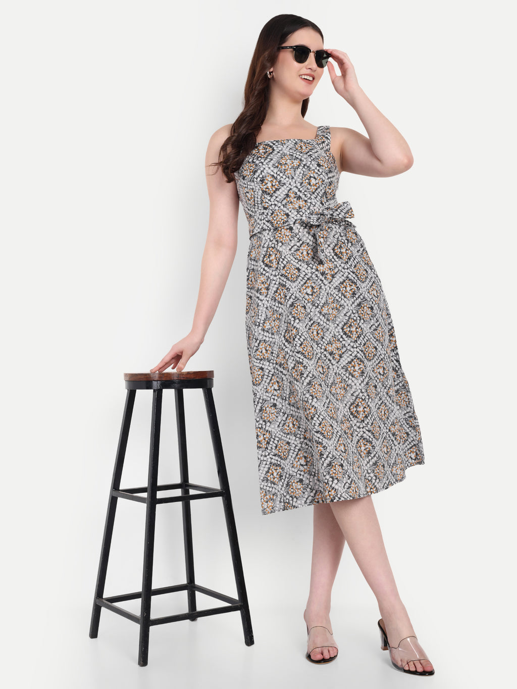 Women's Grey & White Floral Halter Neck Top with Waist Tie | Sleeveless Casual Wear