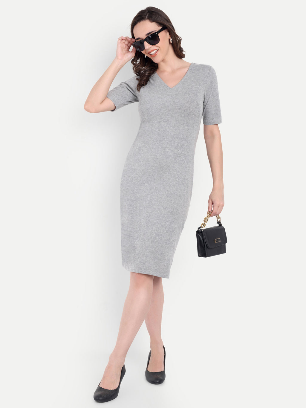 Women's Light Grey Bodycon Midi Dress | V-Neck | Half Sleeve | Casual & Office Wear