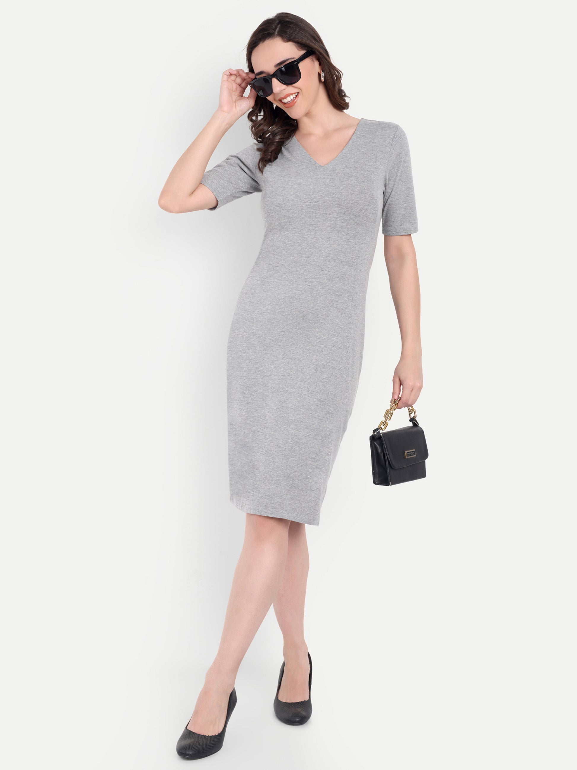 Women's Light Grey Bodycon Midi Dress | V-Neck | Half Sleeve | Casual & Office Wear