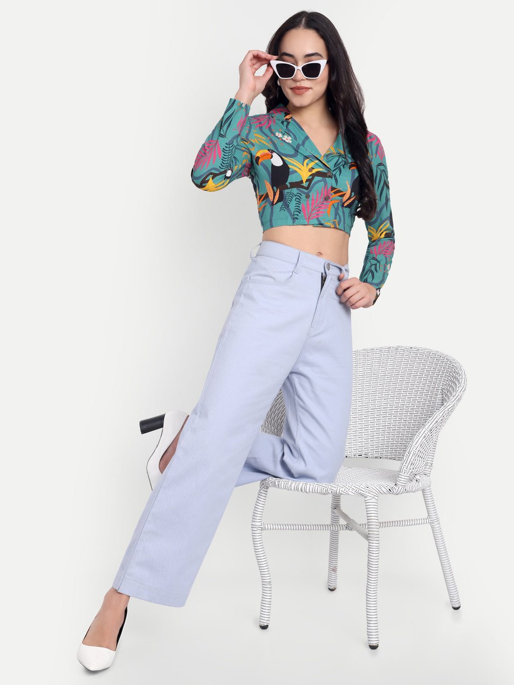 Tropical Print Collar Crop Top & Lavender Wide-Leg Trousers Set