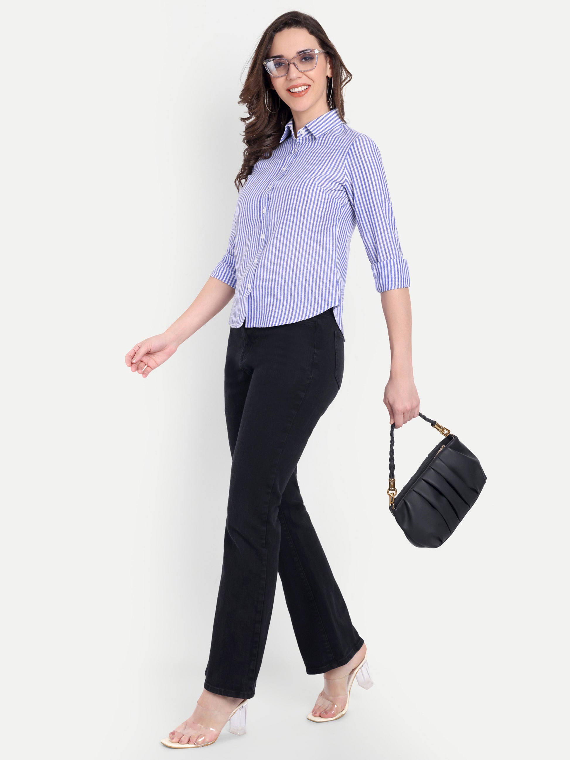 Women's White & BLUE Striped Button-Down Shirt – Long Sleeve | Casual & Office Wear