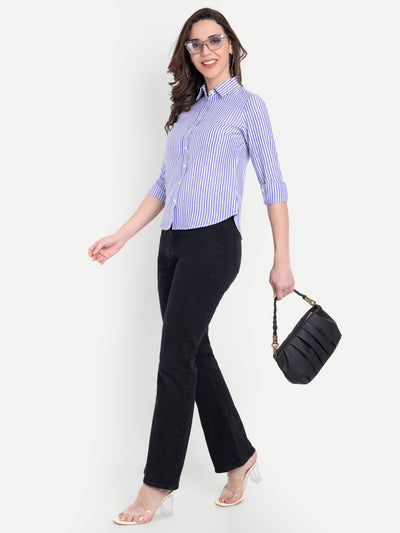 Women's White & BLUE Striped Button-Down Shirt – Long Sleeve | Casual & Office Wear