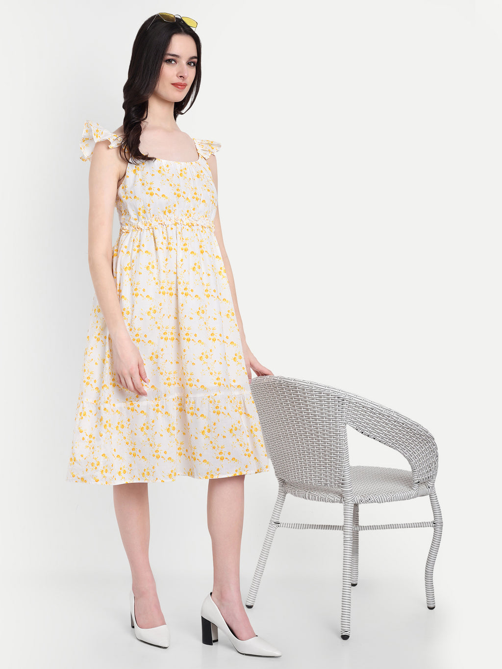 Women's Yellow Floral Midi Dress | Sleeveless Ruffle Straps | Elegant Casual & Summer Wear