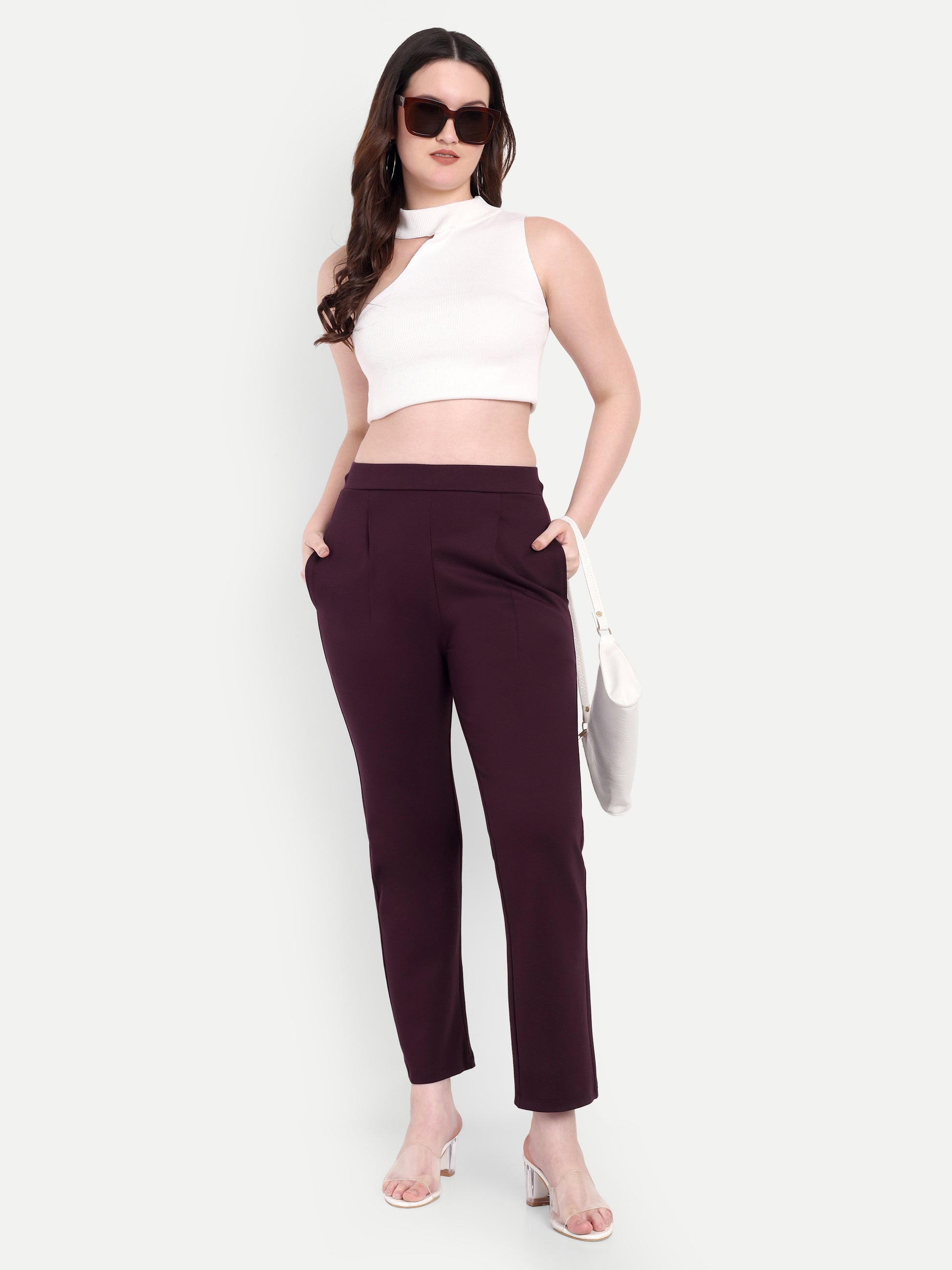 Women's Maroon Slim-Fit Cigarette Pants – Mid-Rise | Formal & Casual Wear
