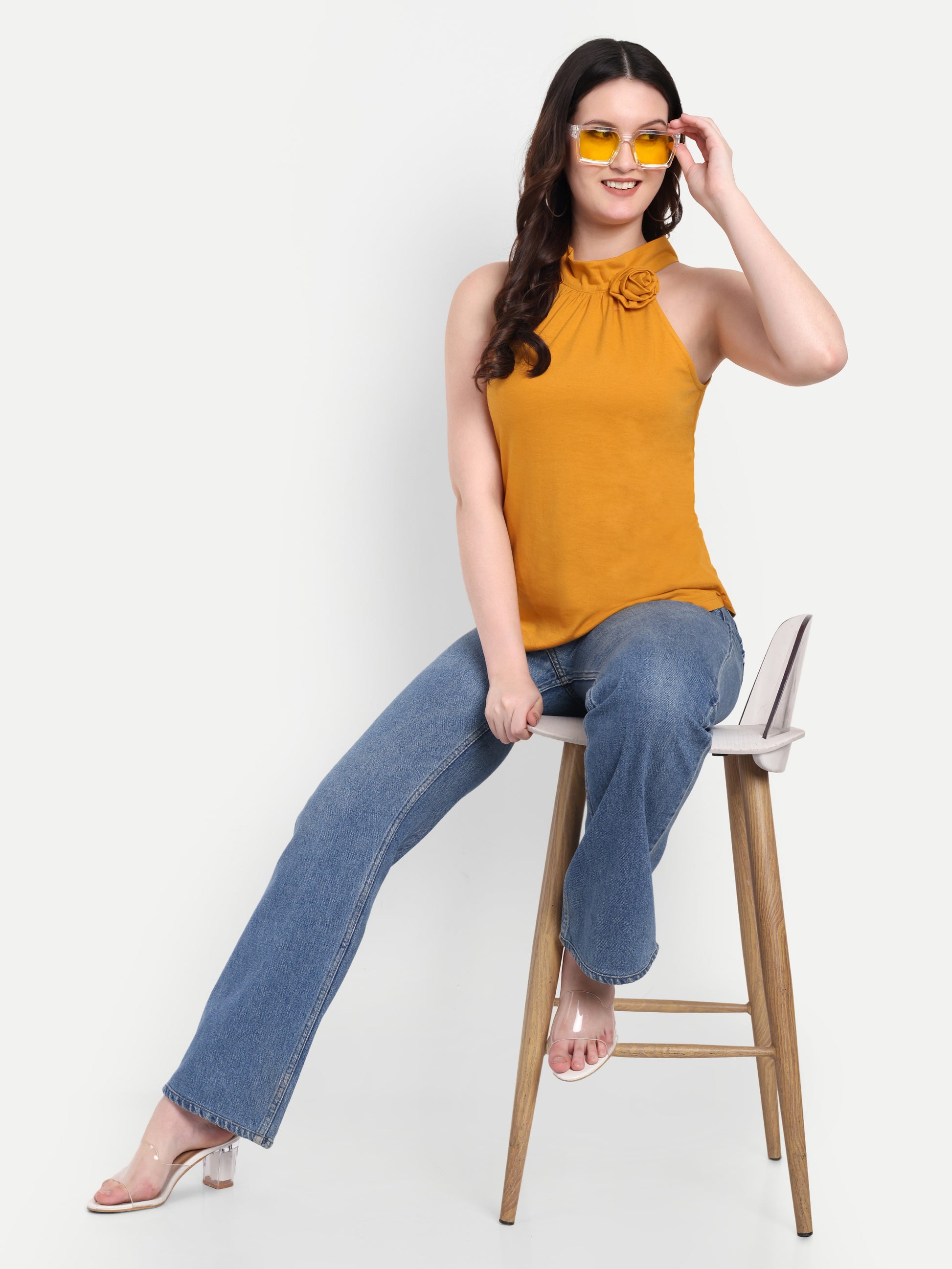 Women's orange Halter Neck Sleeveless Top | Casual & Party Wear