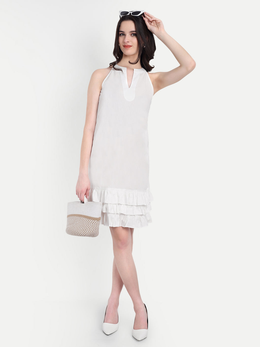 Women's White Sleeveless Halter Neck Dress | Tiered Hem | Summer Casual & Party Wear