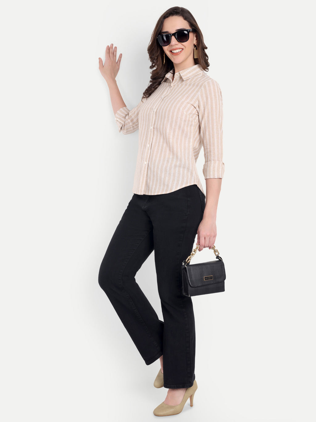 Women's Beige & White Striped Button-Down Shirt – Long Sleeve | Casual & Office Wear