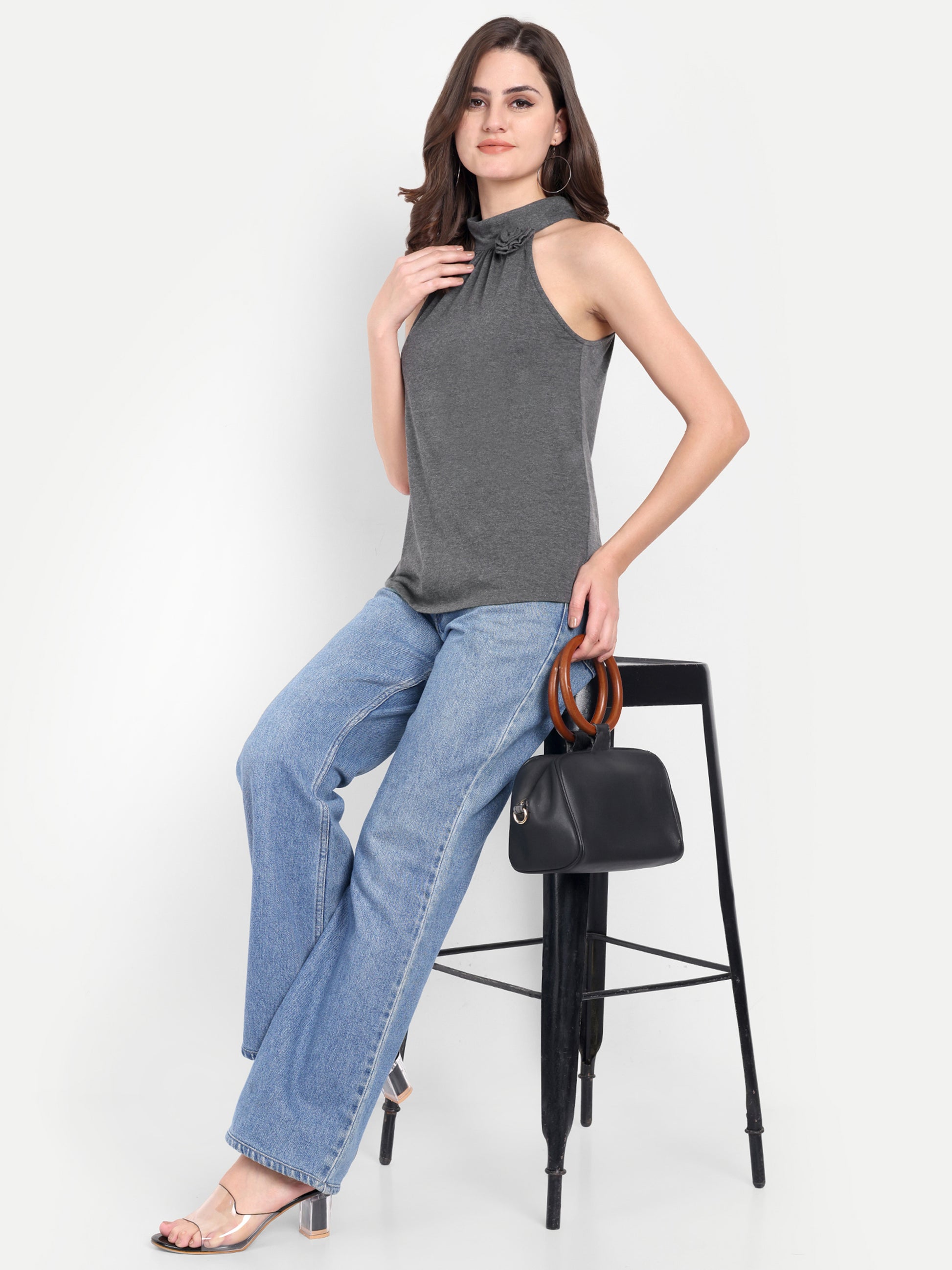 Women's Dark Grey Floral Halter Neck Sleeveless Top | Casual & Party Wear