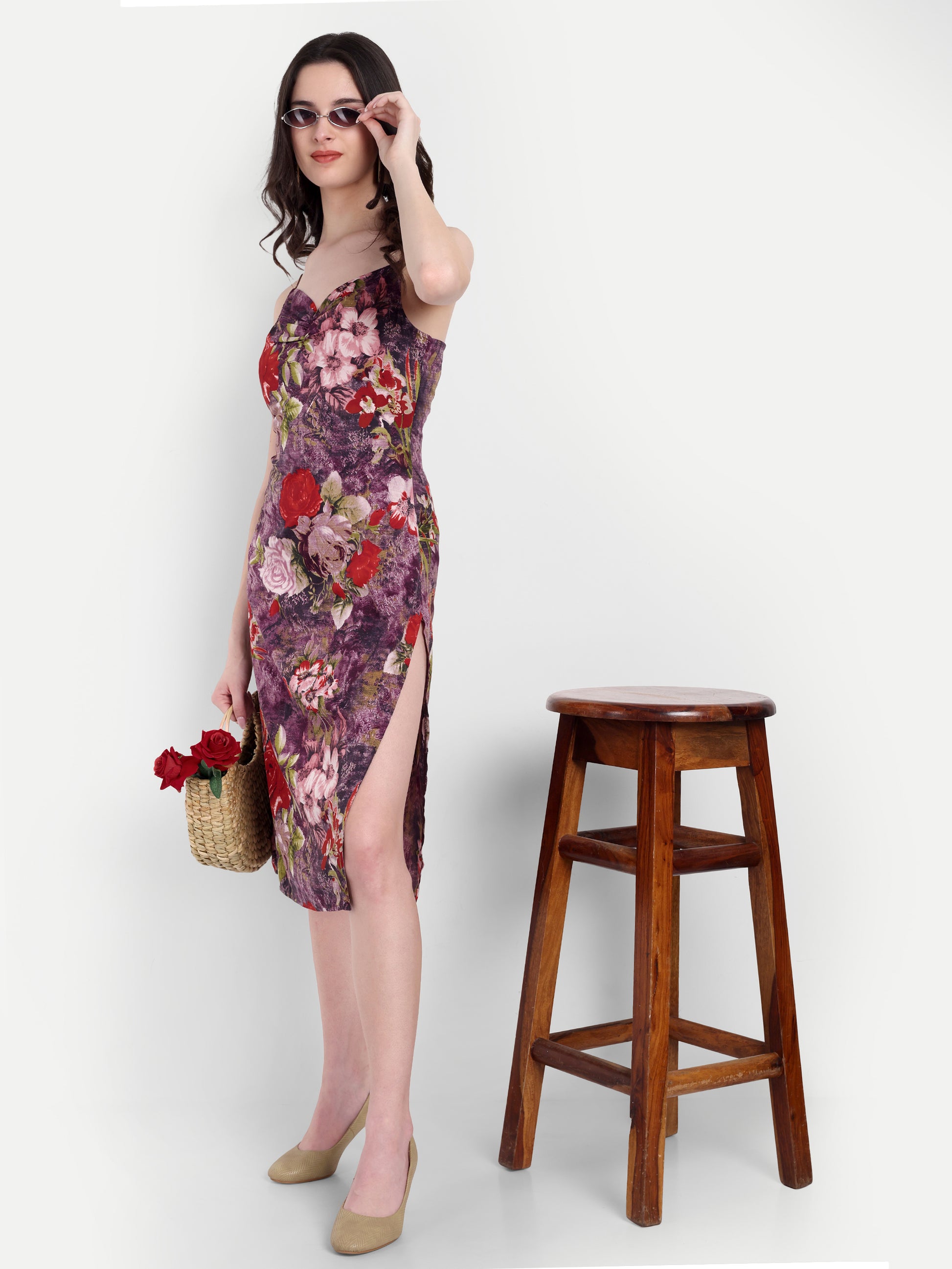 Women's Floral Print Slip Dress with Side Slit | Elegant Midi Dress for Party & Casual Wear
