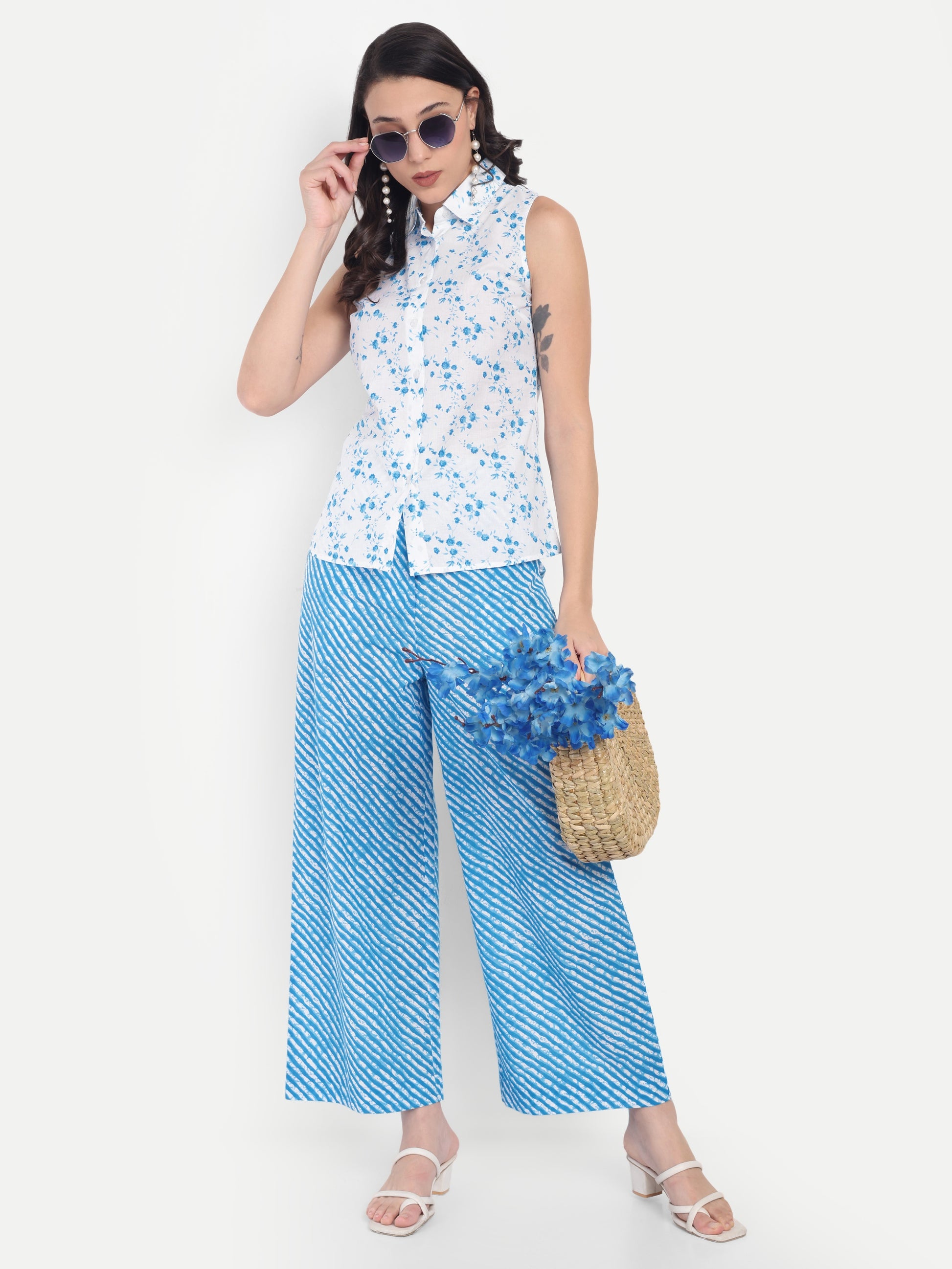 Women's Blue Floral Sleeveless Shirt with Pink Printed Wide-Leg Pants | Comfortable Summer Co-ord Sets