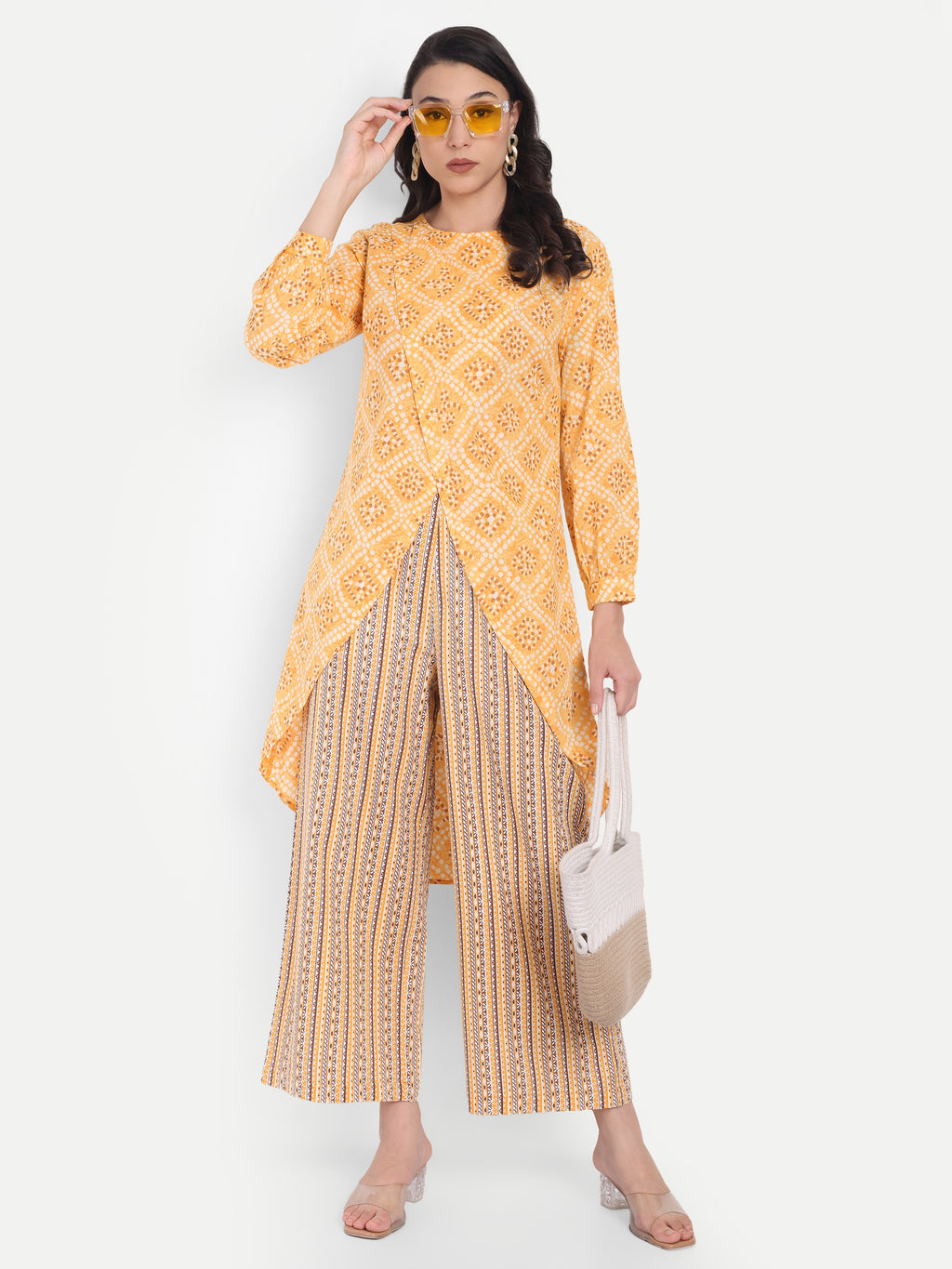 Women's Yellow Printed Ethnic Co-ord Set | Asymmetrical Long Kurta with Wide-Leg Pants