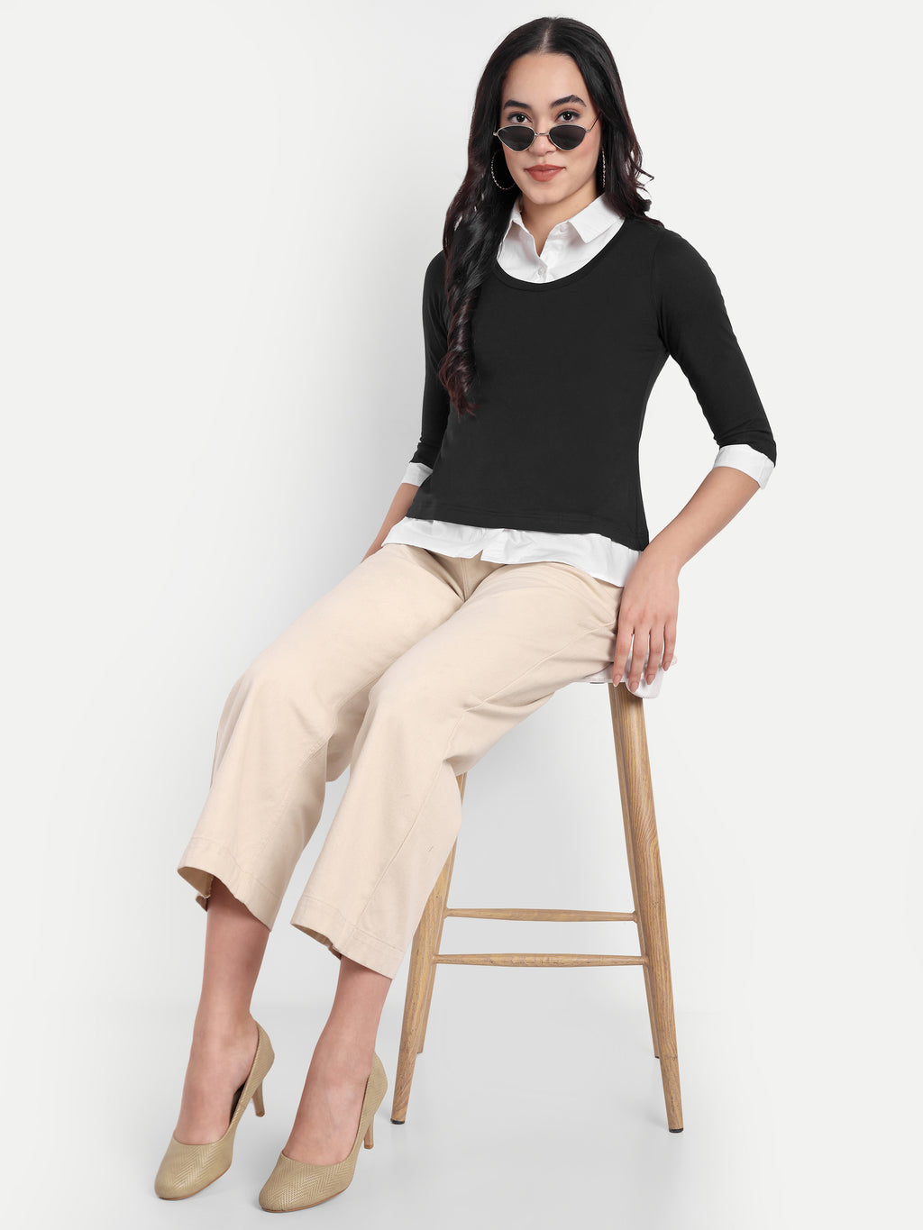 Women's Black Layered Look Top with white Shirt Collar & 3/4 Sleeves