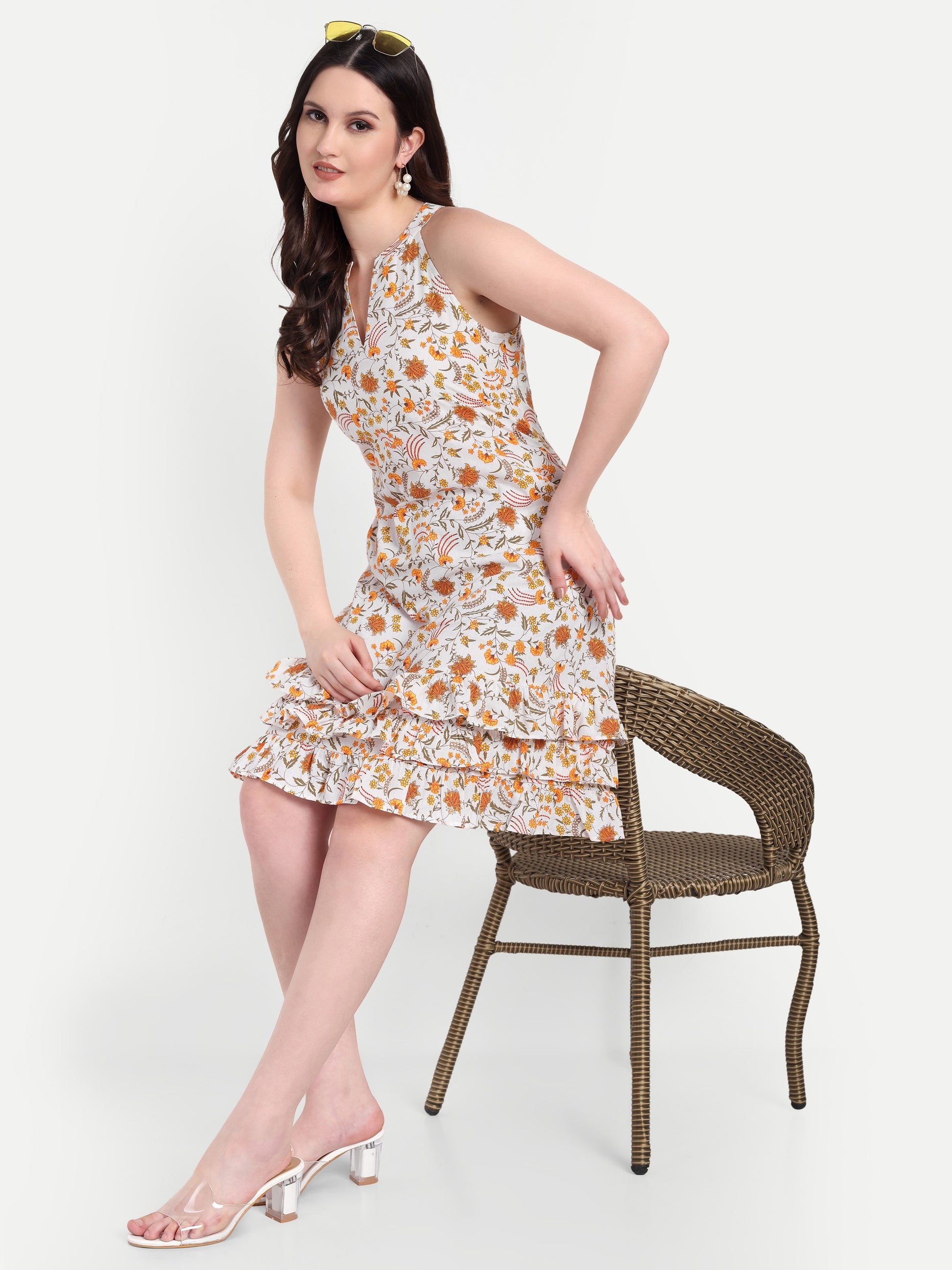 Women's orange Floral Sleeveless Halter Neck Dress | Tiered Hem | Summer Casual & Party Wear
