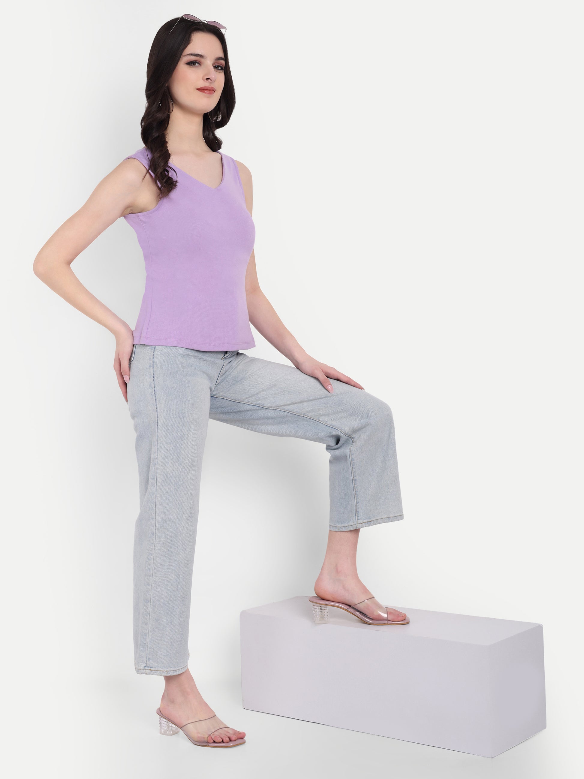 Women's Violet  V-Neck  Sleeveless Top | Casual & Party Wear