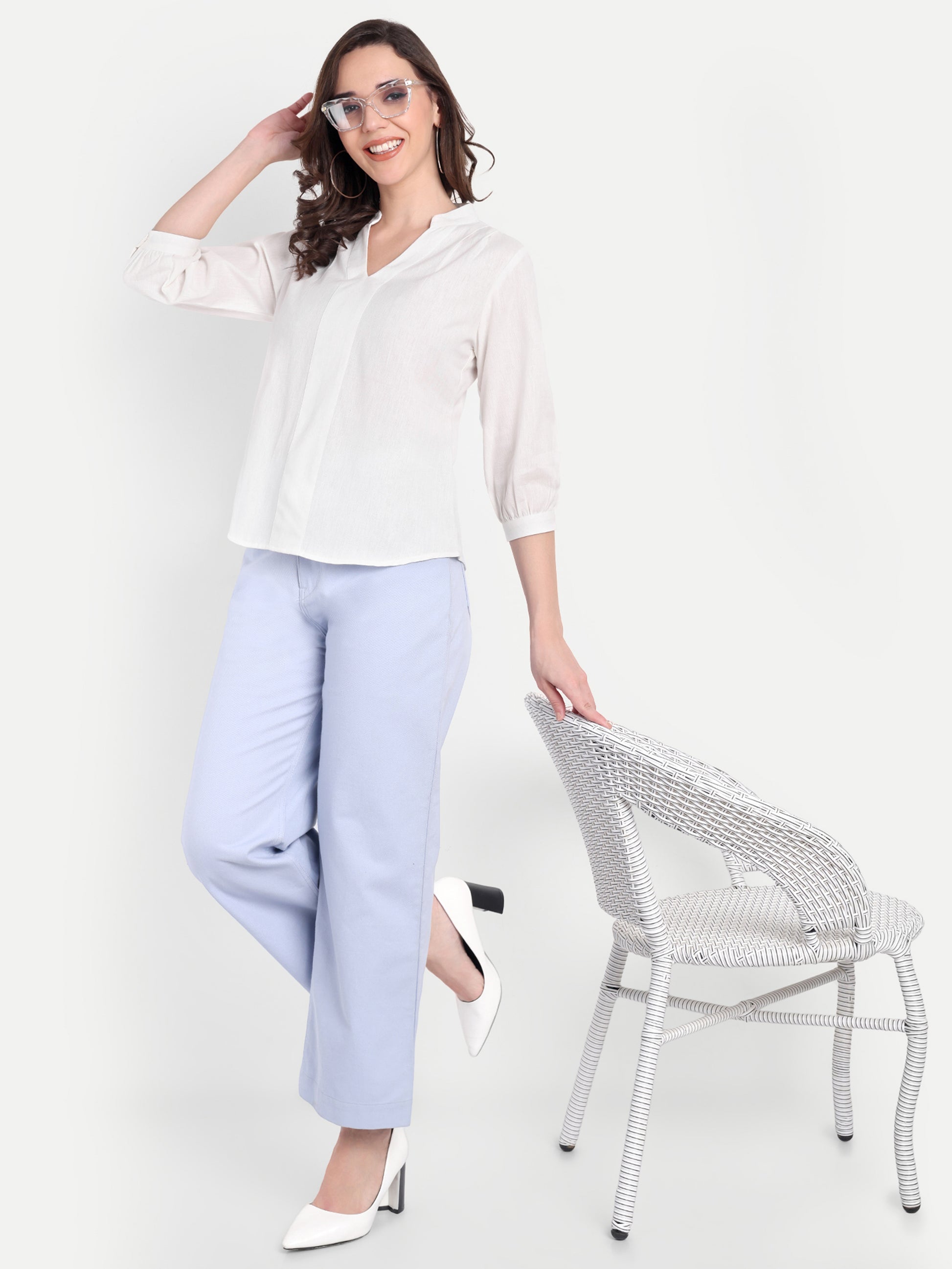 Women's White V-Neck 3/4 Sleeve Top | Lightweight Cotton Blend | Elegant Everyday Wear