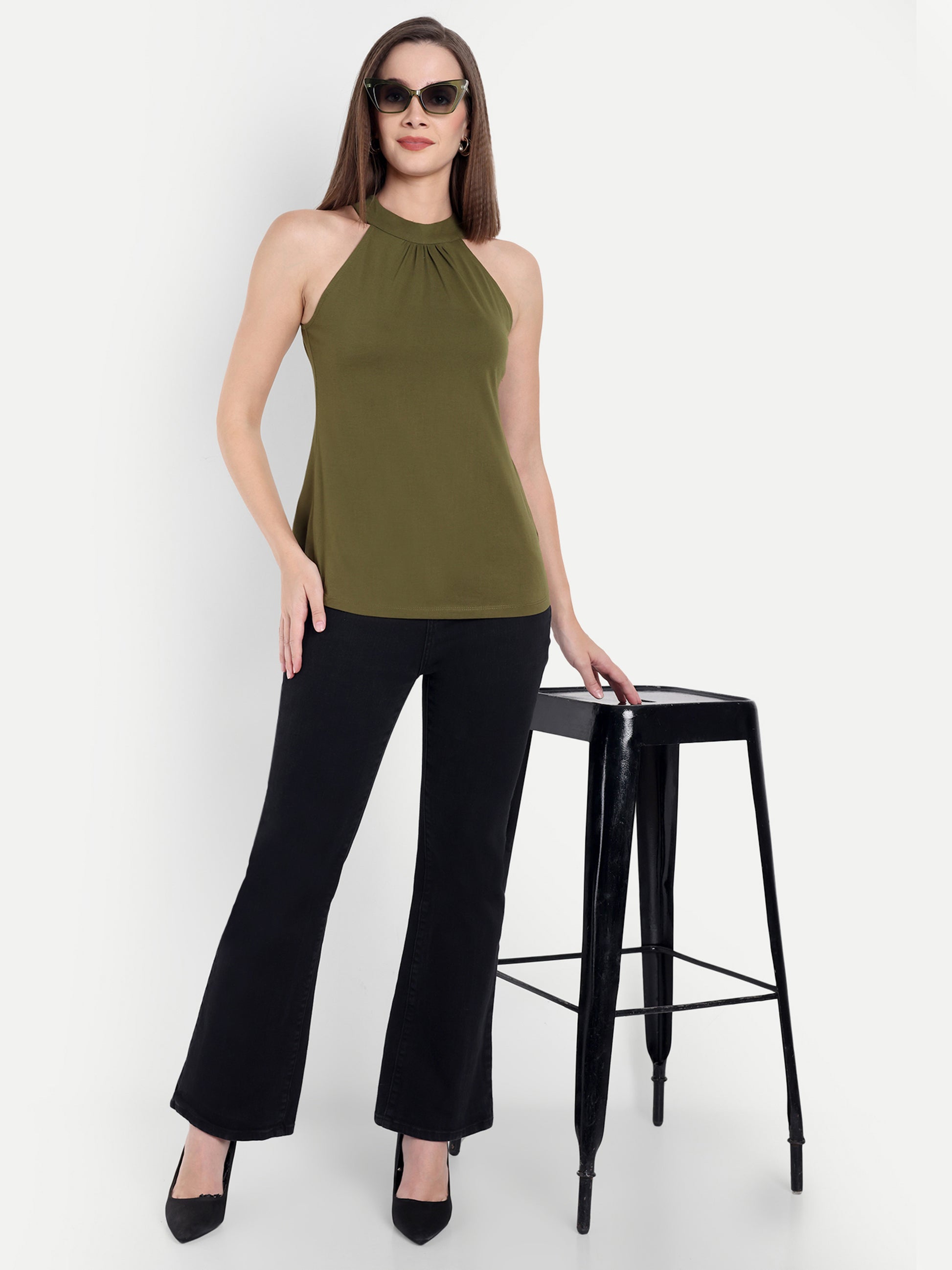 Women's Olive Halter Neck Sleeveless Top | Casual & Party Wear
