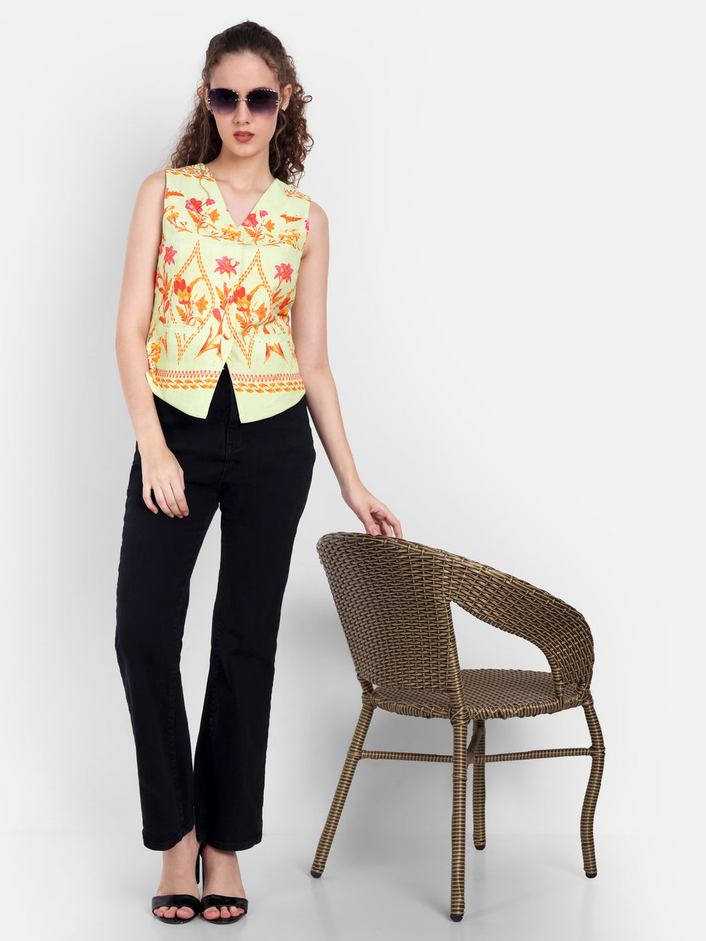 FairLeaf Women's V-Neck Sleeveless Waist Top – |100% Pure Cotton|Lightweight Relaxed Fit with Abstract Paisley Print – Stylish Casual Summer Western Wear for Women