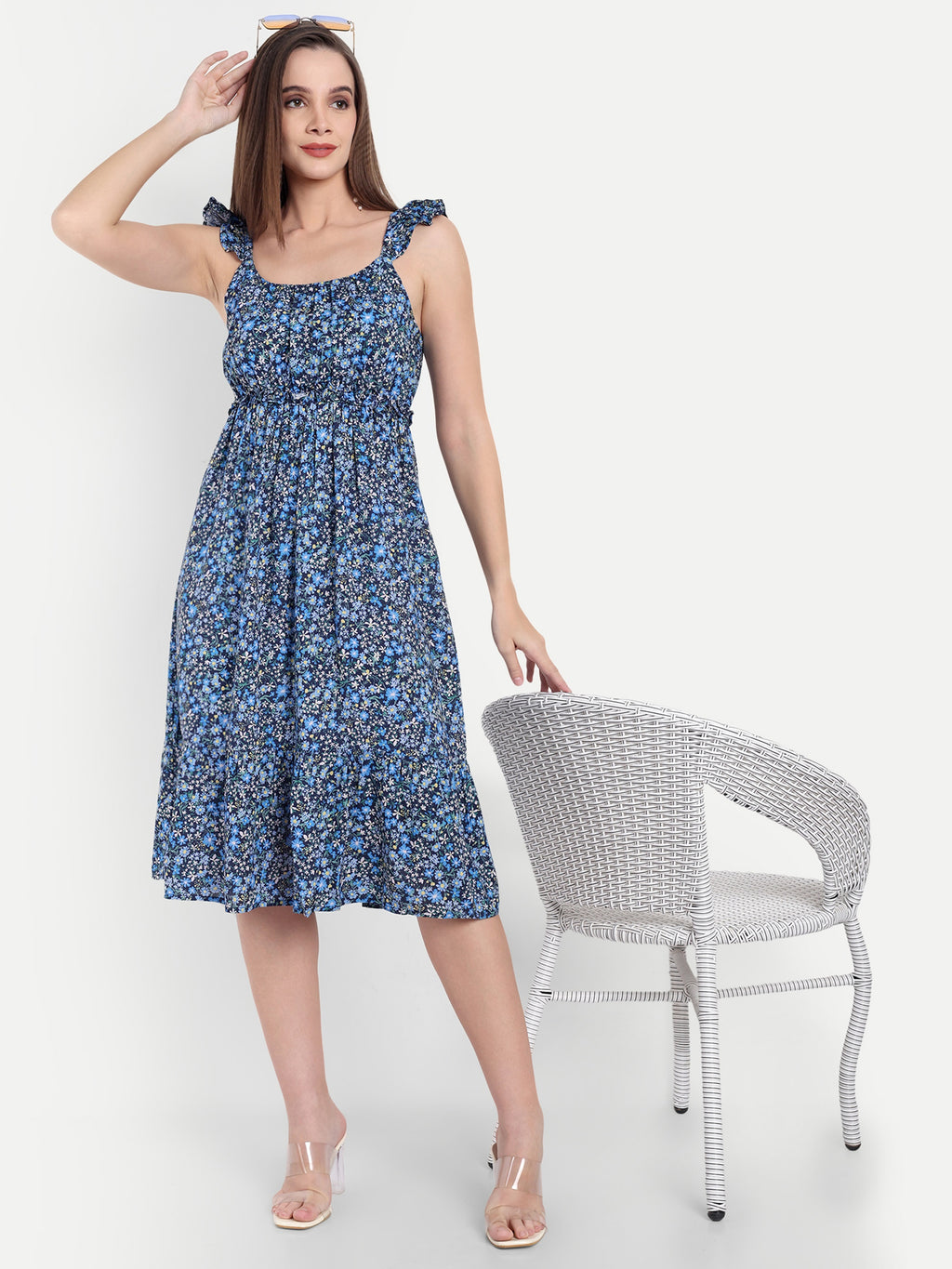 Women's Black Blue Floral Midi Dress | Sleeveless Ruffle Straps | Elegant Casual & Summer Wear