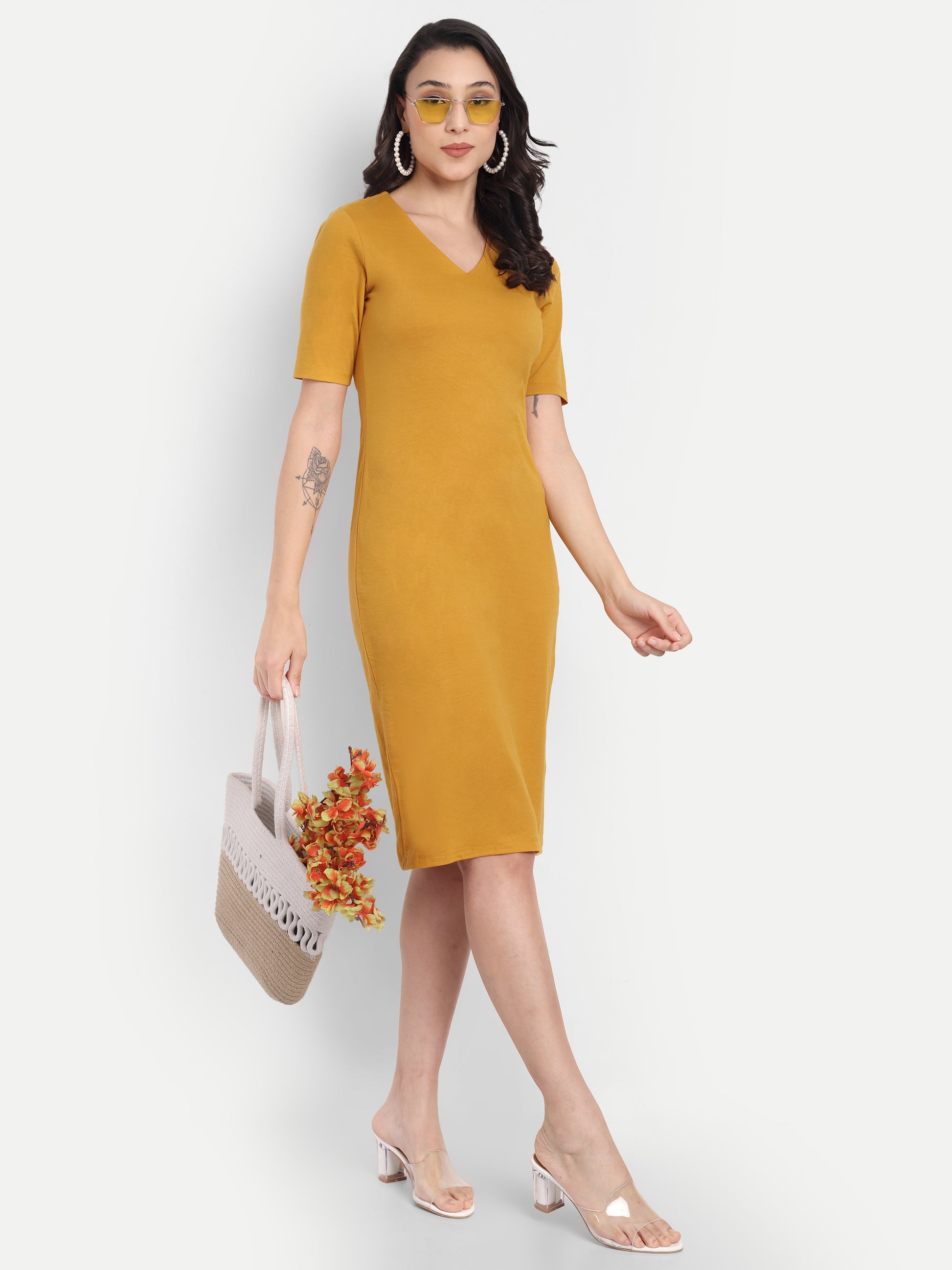 Women's Mustard Yellow Bodycon Midi Dress | V-Neck | Half Sleeve | Casual & Office Wear