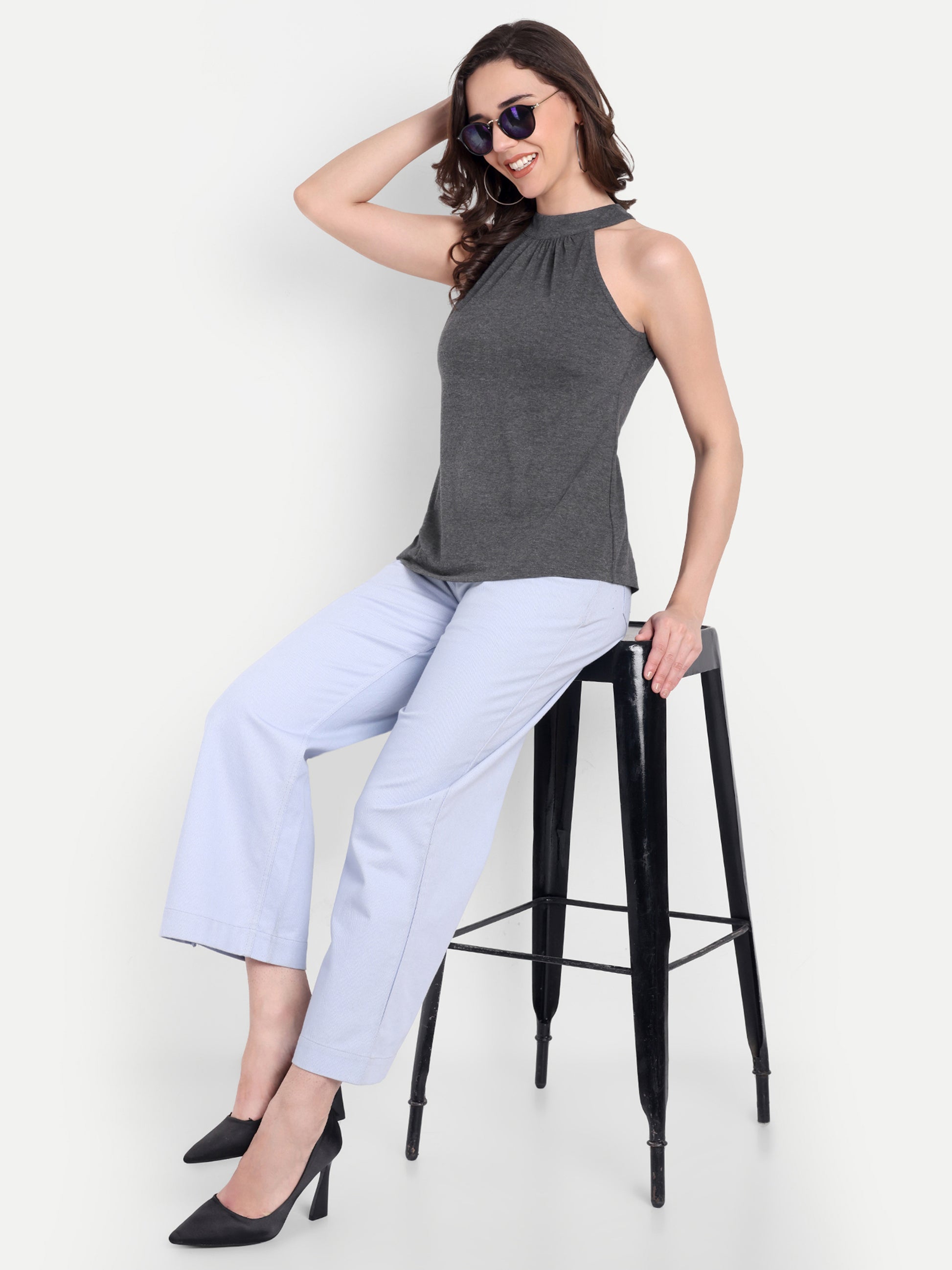 Women's Charcoal Grey Halter Neck Sleeveless Top | Casual & Party Wear