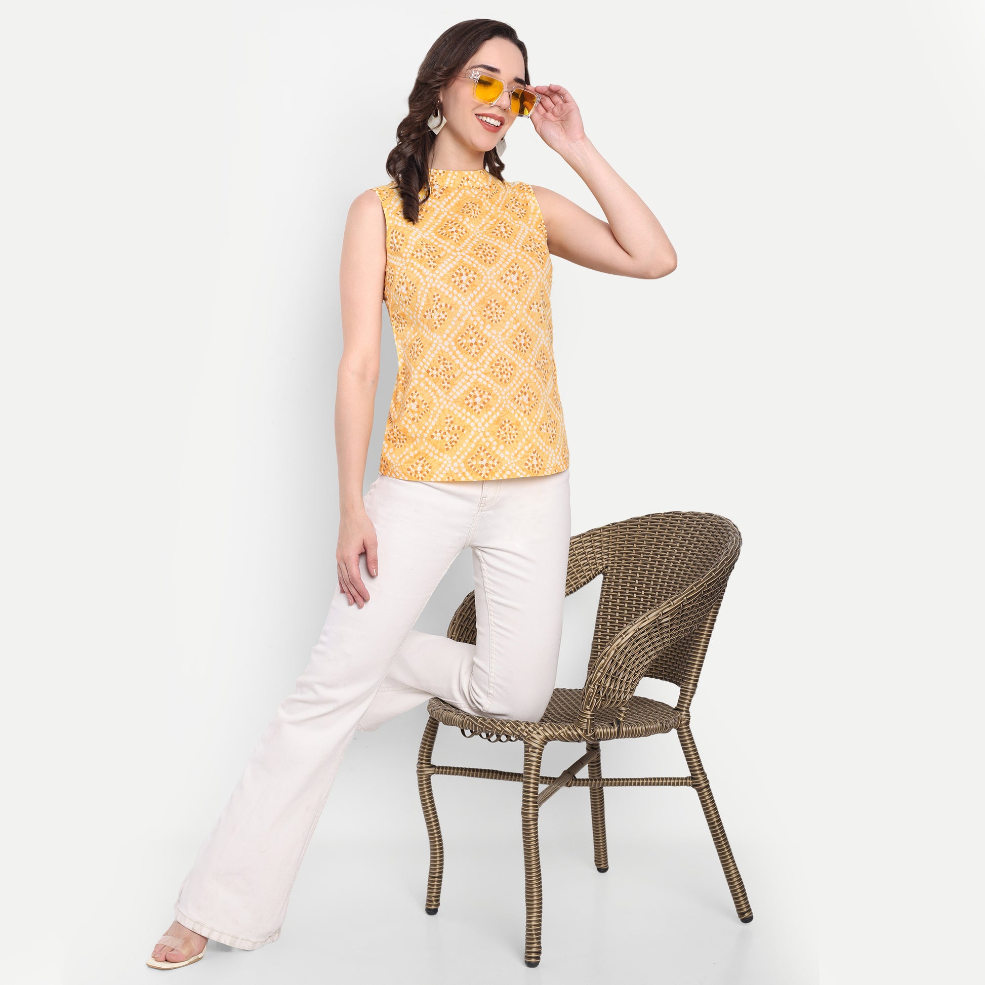 Women's Yellow Printed Sleeveless Top | High Neck | Lightweight & Stylish Summer Wear