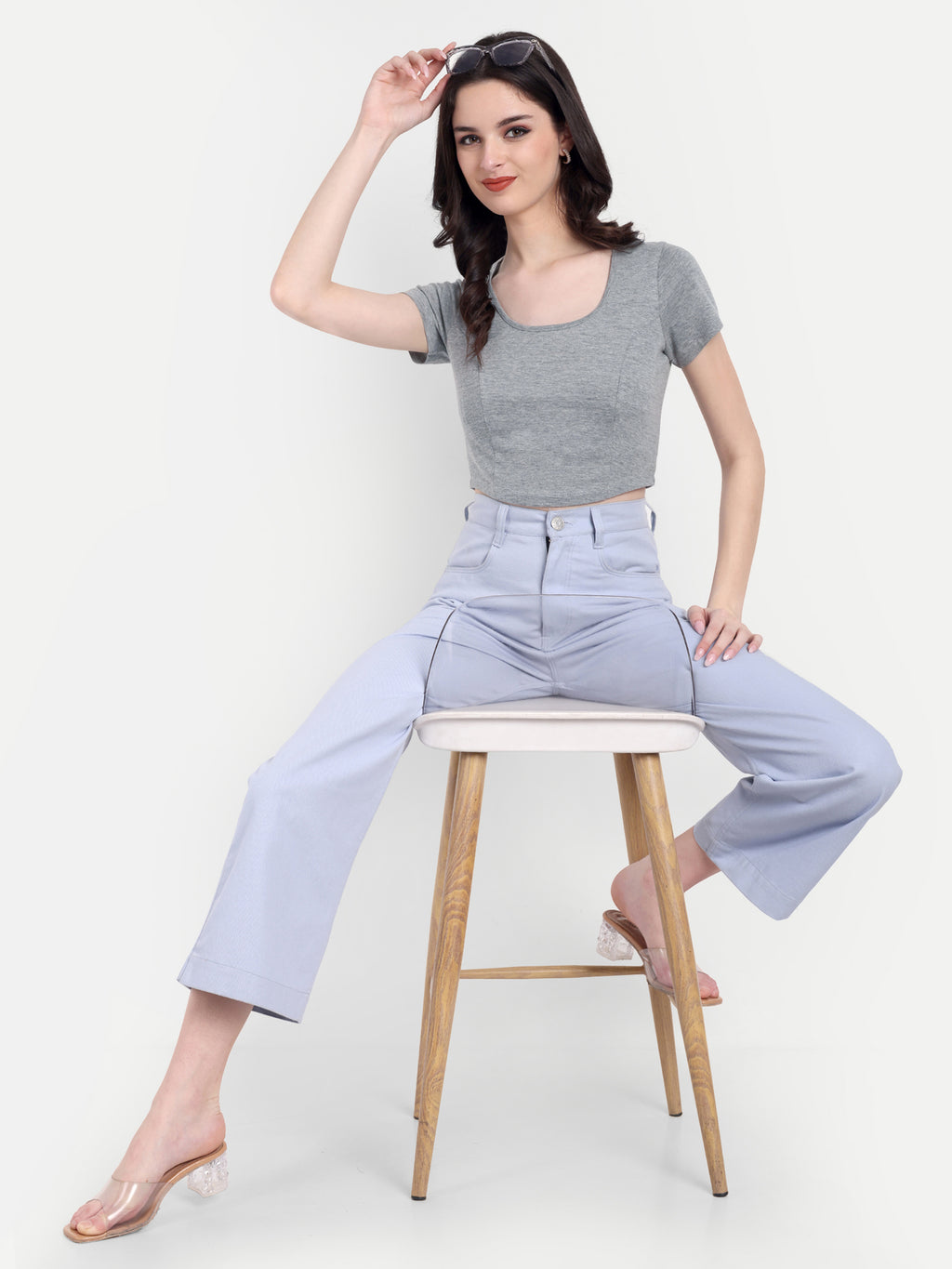 Women's Grey Crop Top with Scoop Neck & Short Sleeves