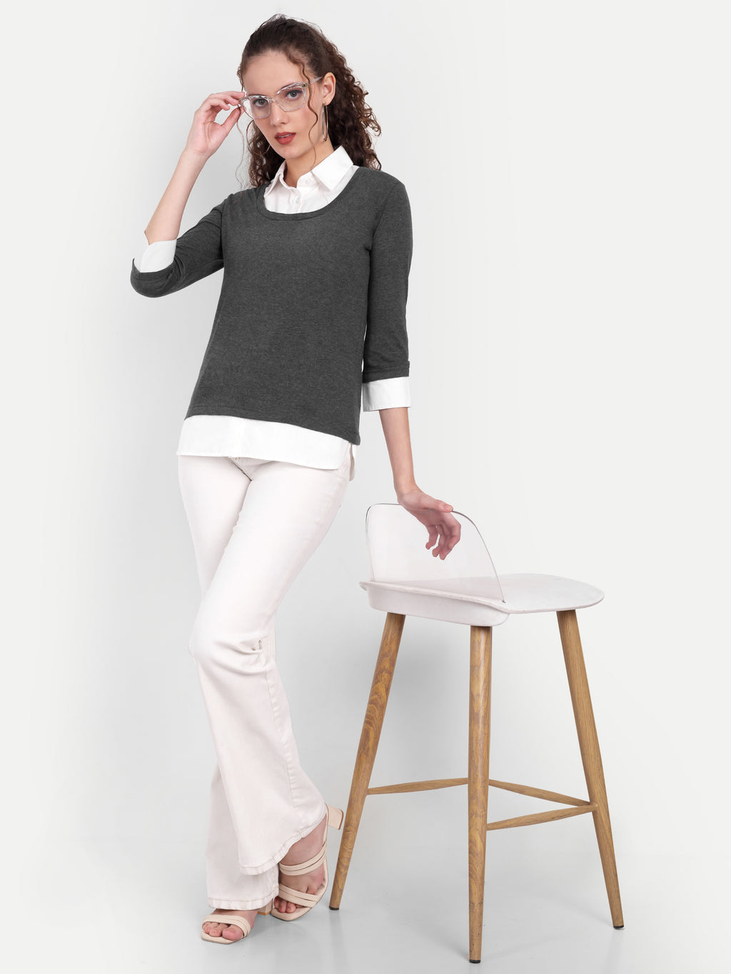Women's Grey Layered Look Top with White Shirt Collar & 3/4 Sleeves