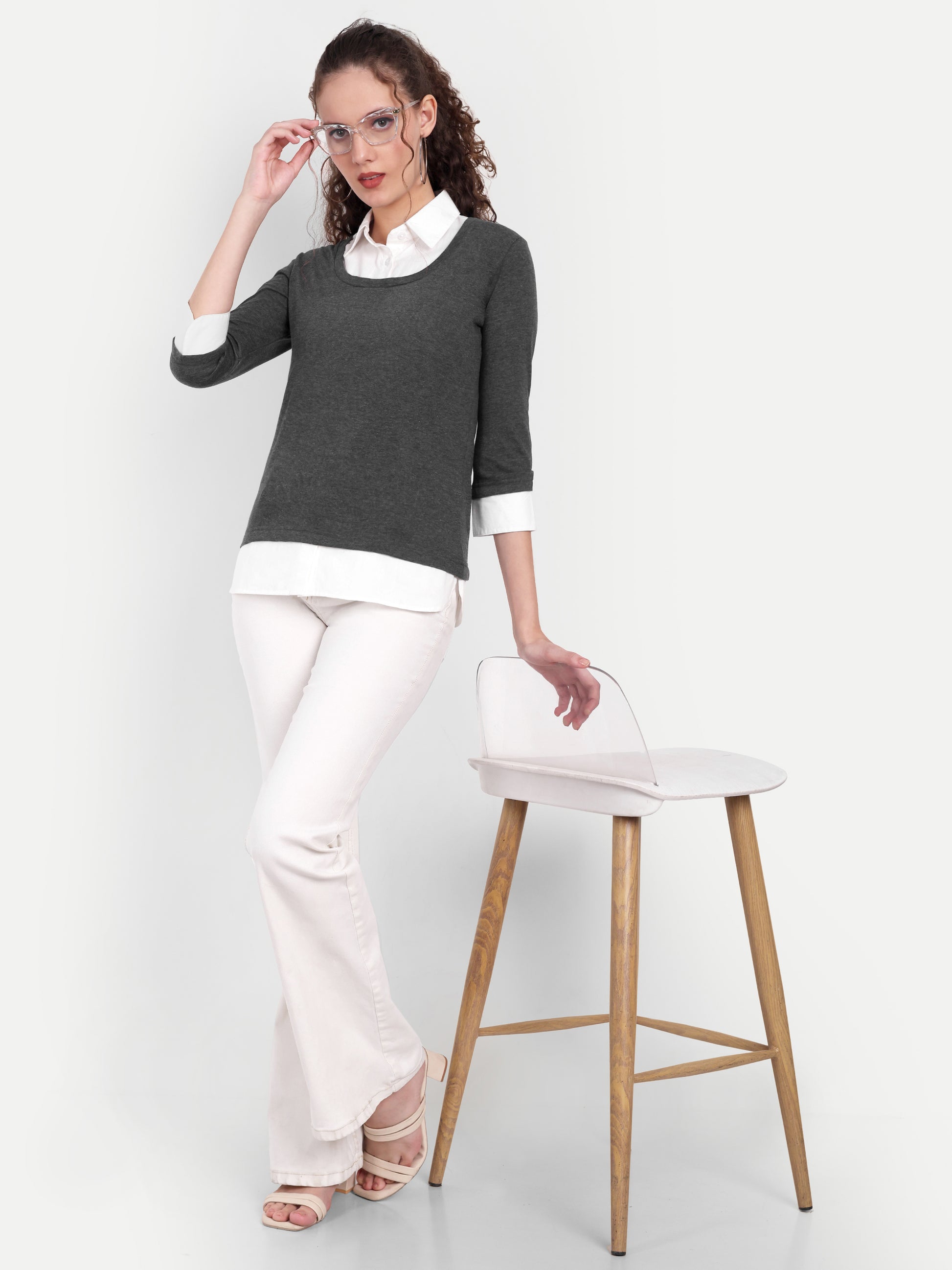 Women's Grey Layered Look Top with White Shirt Collar & 3/4 Sleeves