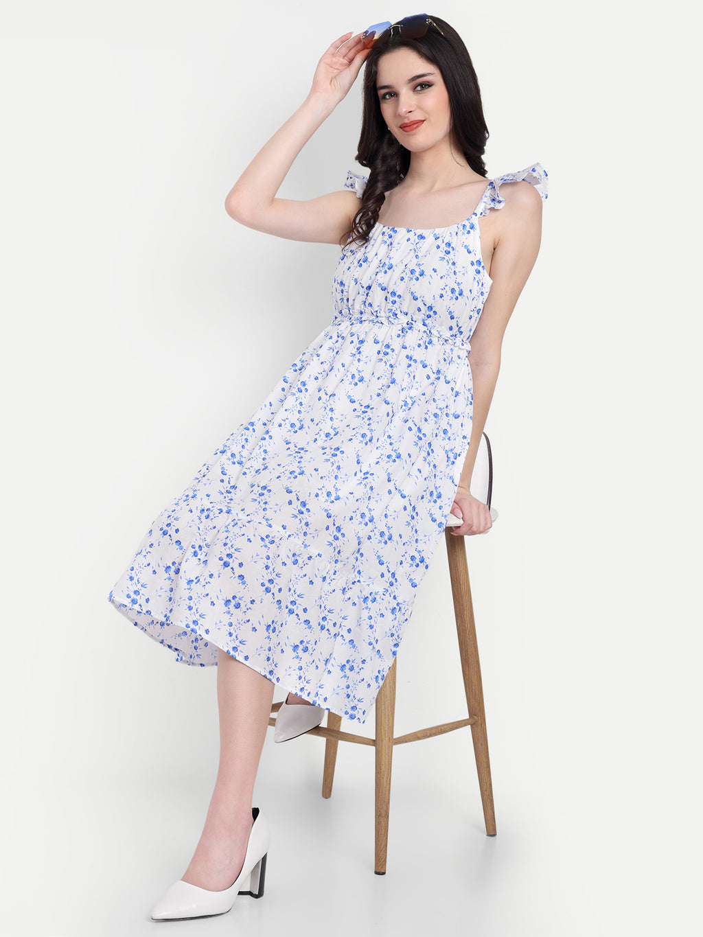 Women's Blue Floral Midi Dress | Sleeveless Ruffle Straps | Elegant Casual & Summer Wear