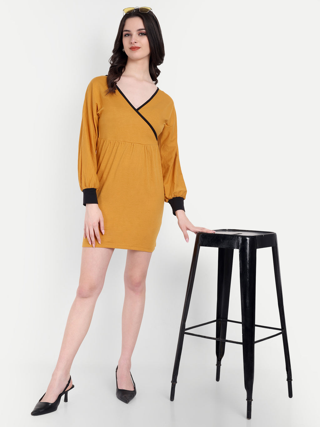 Women's Yellow Bodycon Mini Dress | V-Neck | Long Sleeve | Casual & Party Wear