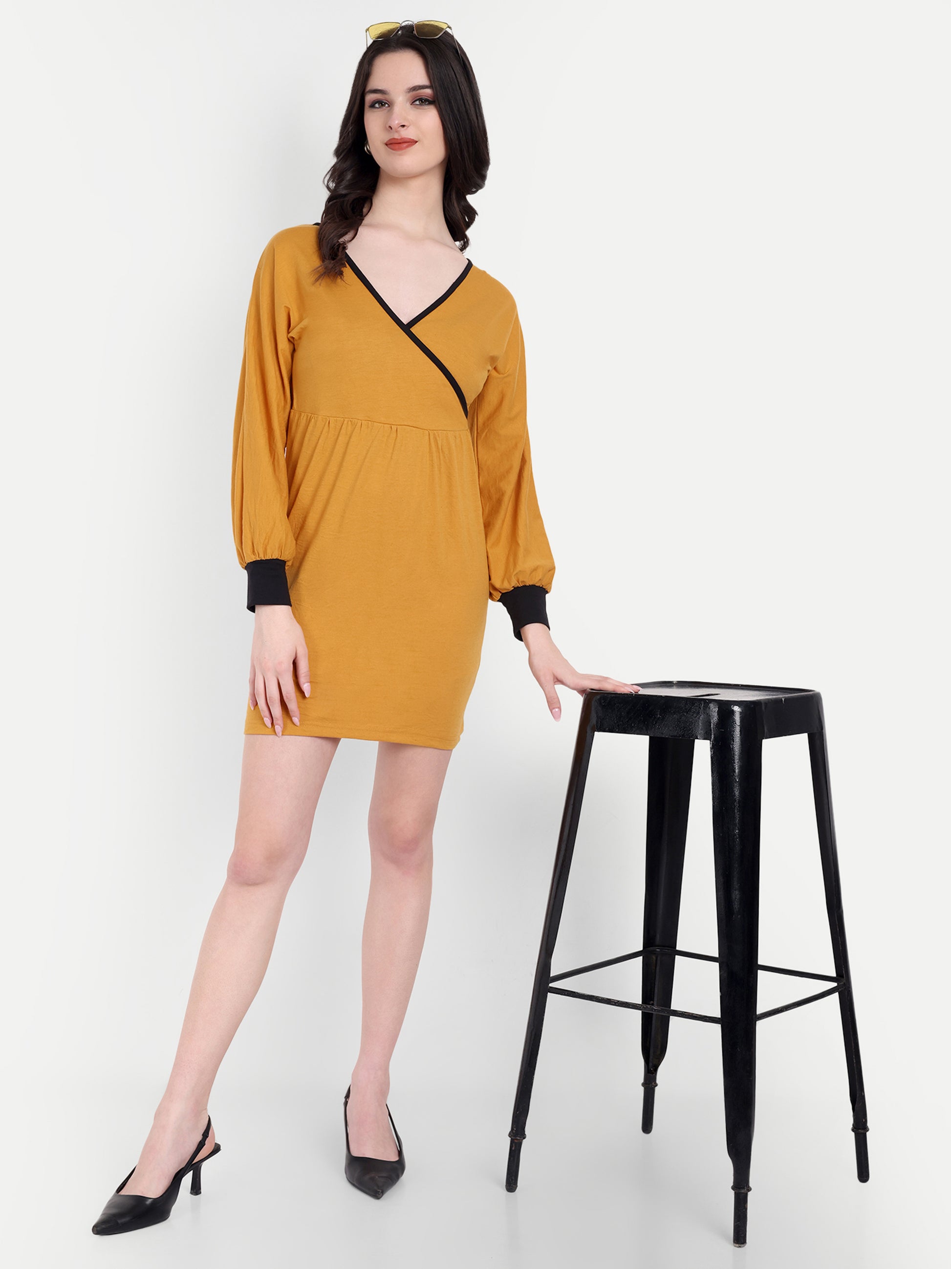 Women's Yellow Bodycon Mini Dress | V-Neck | Long Sleeve | Casual & Party Wear