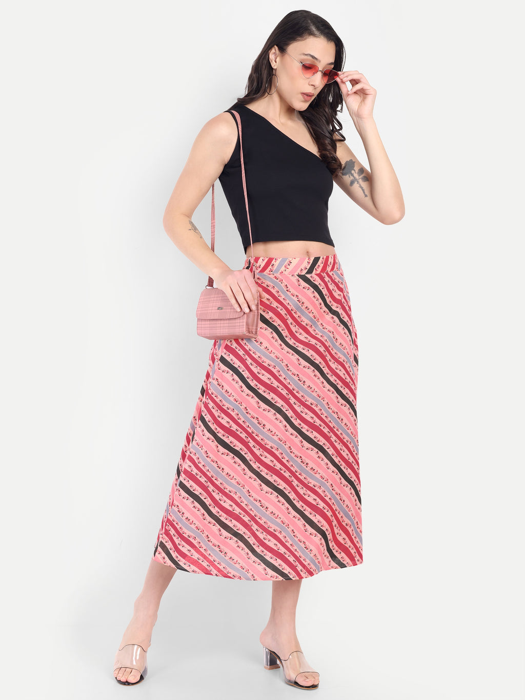 Women's Pink Striped A-Line Midi Skirt | Casual & Party Wear