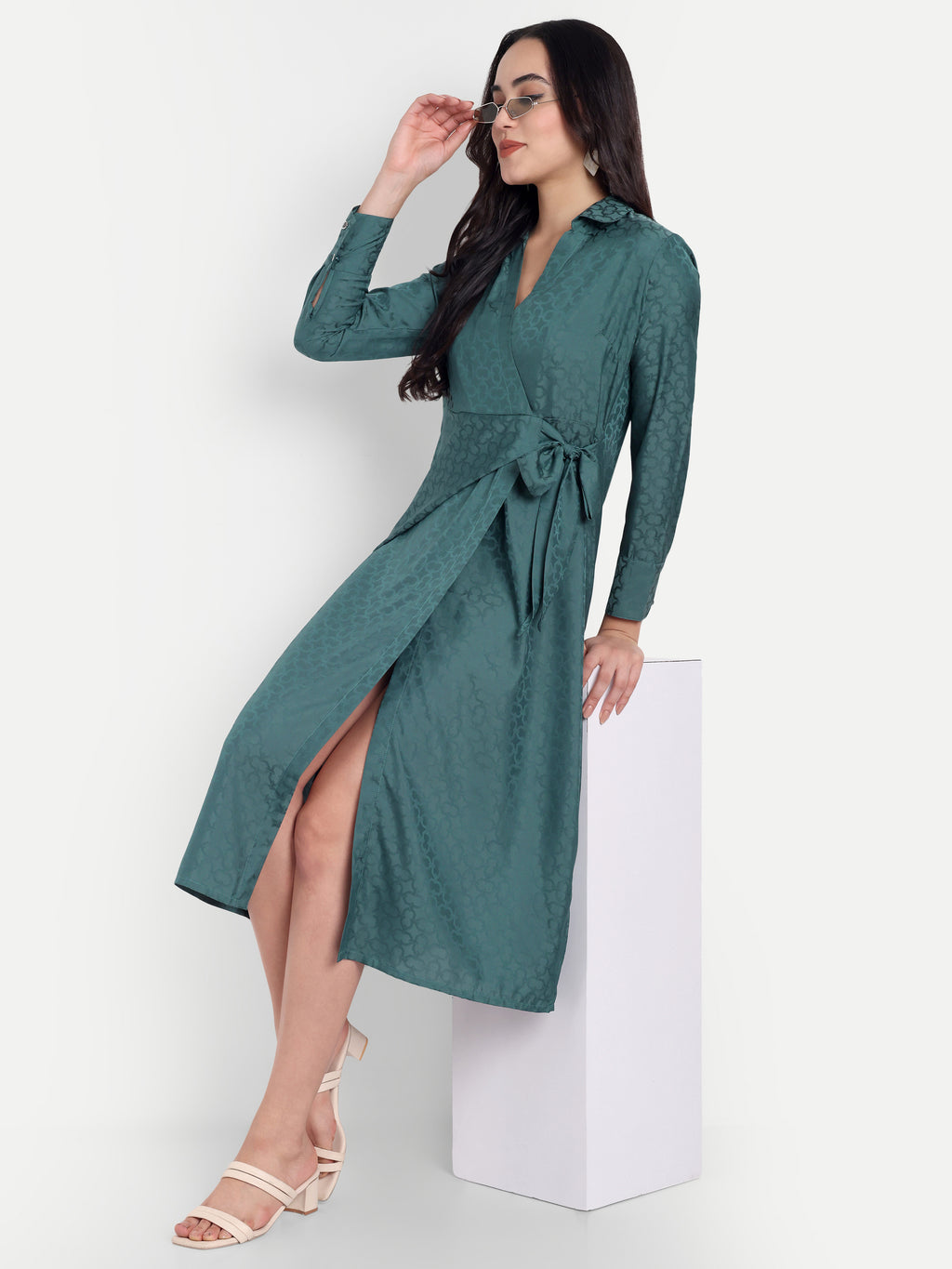 Women's Teal Jacquard Wrap Midi Dress | Long Sleeve | Belt Tie Waist