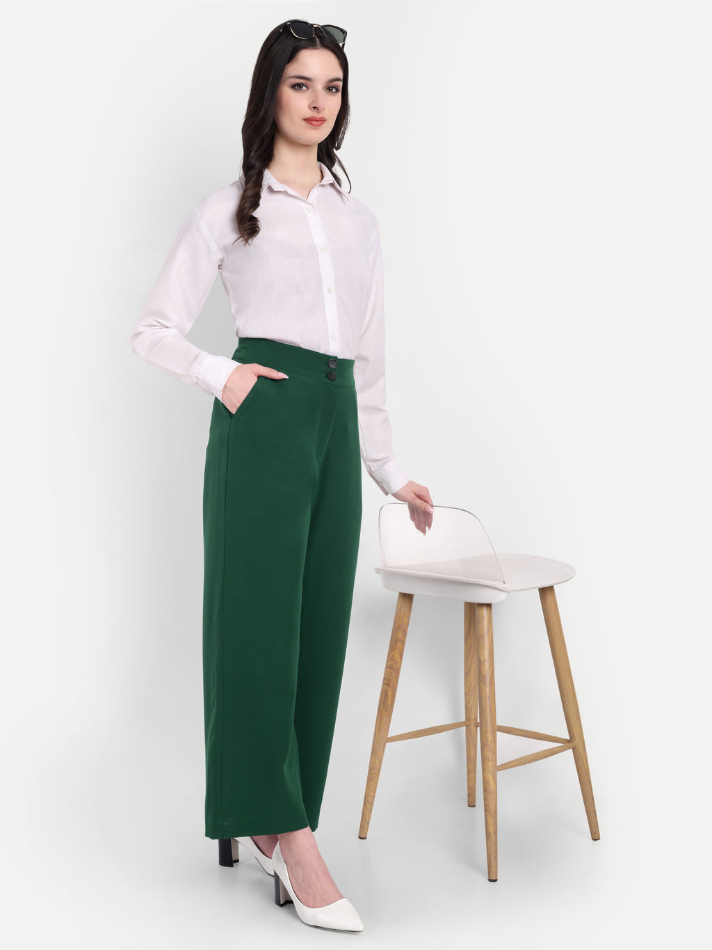 Women's Green Wide-Leg Trousers – High Waist | Formal & Casual Wear | Comfort Fit