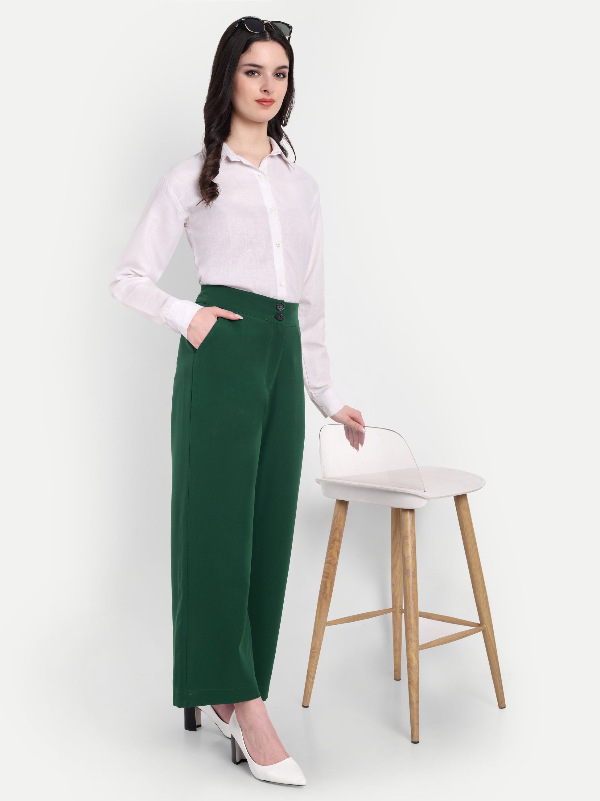 Women's Green Wide-Leg Trousers – High Waist | Formal & Casual Wear | Comfort Fit